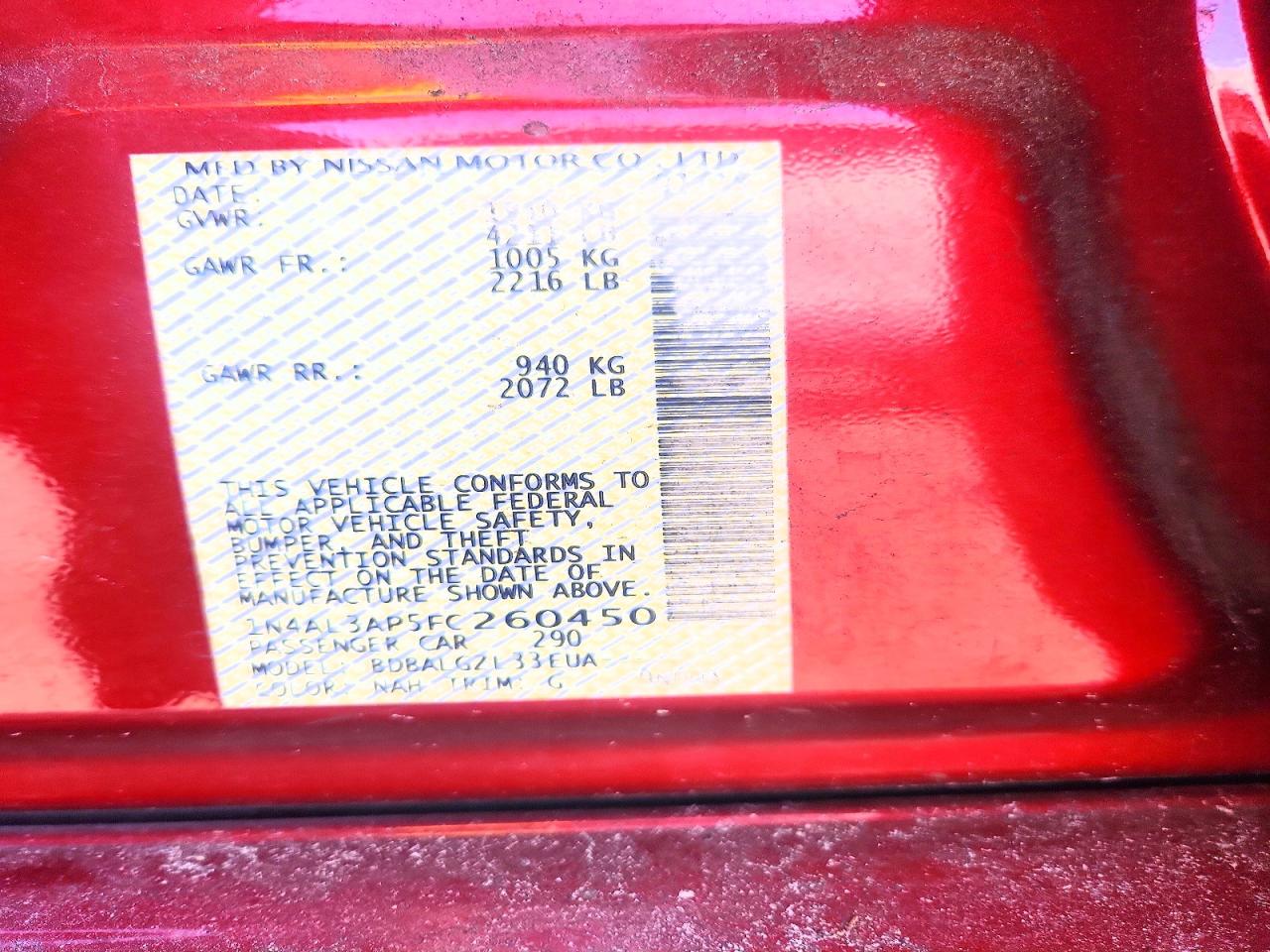 2015 Nissan Altima 2.5 S Red vin: 1N4AL3AP5FC260450