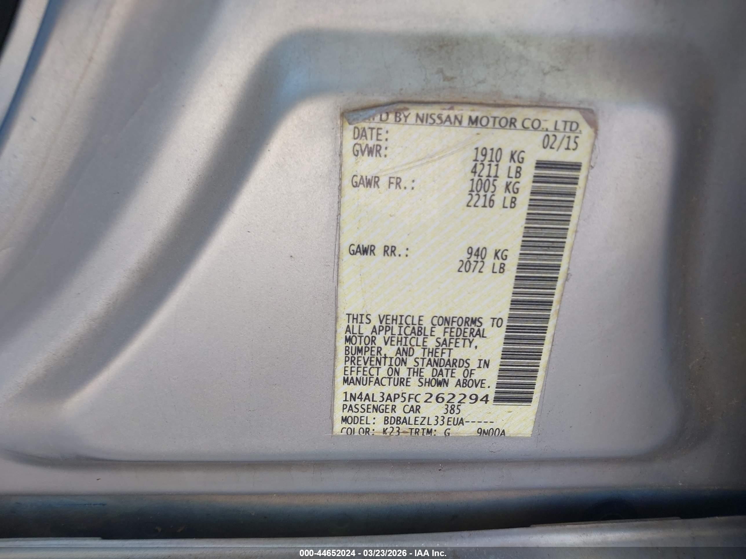 2015 Nissan Altima 2.5/2.5 S/2.5 Sl/2.5 Sv Silver vin: 1N4AL3AP5FC262294