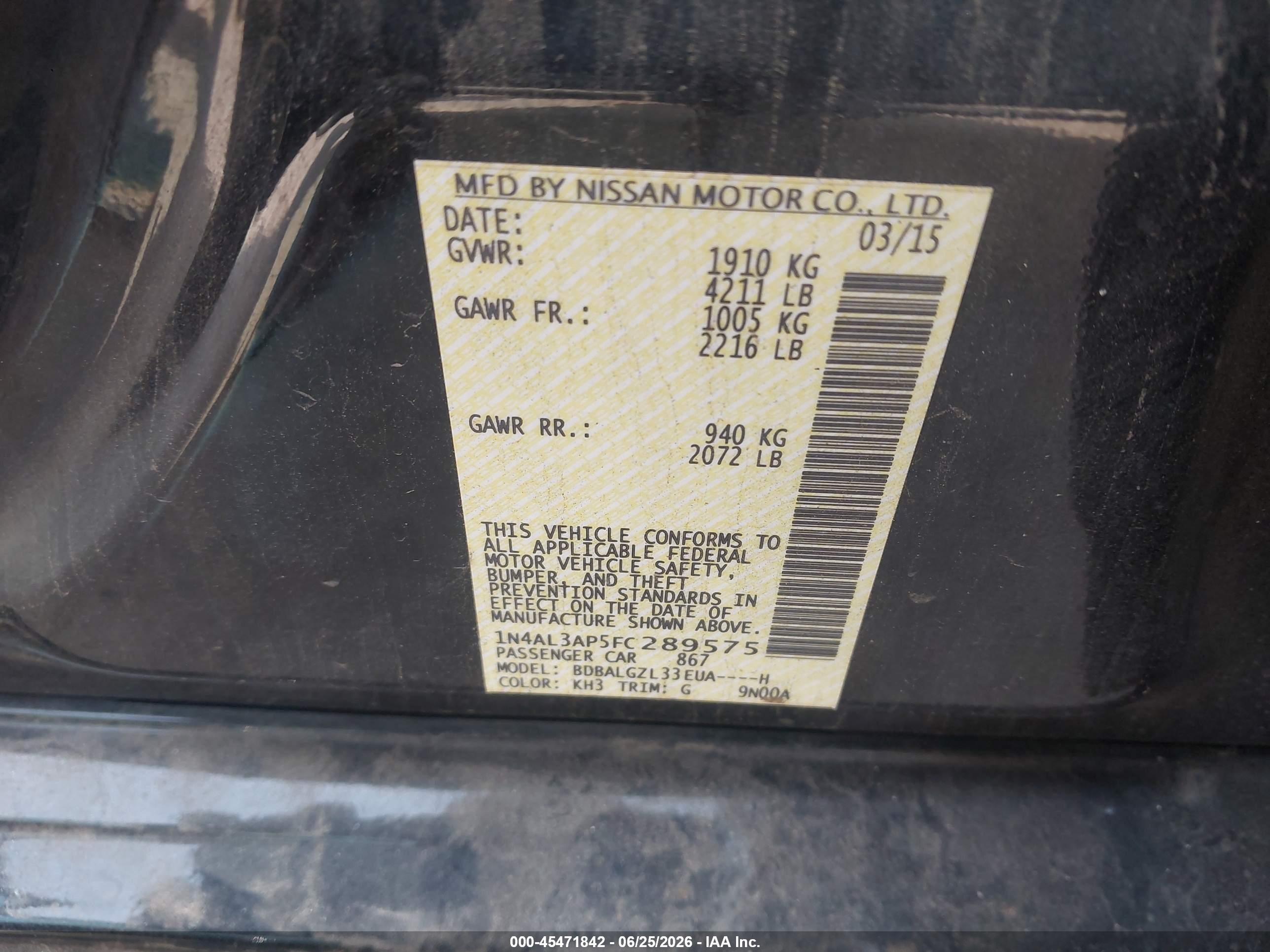 2015 Nissan Altima 2.5 S Black vin: 1N4AL3AP5FC289575