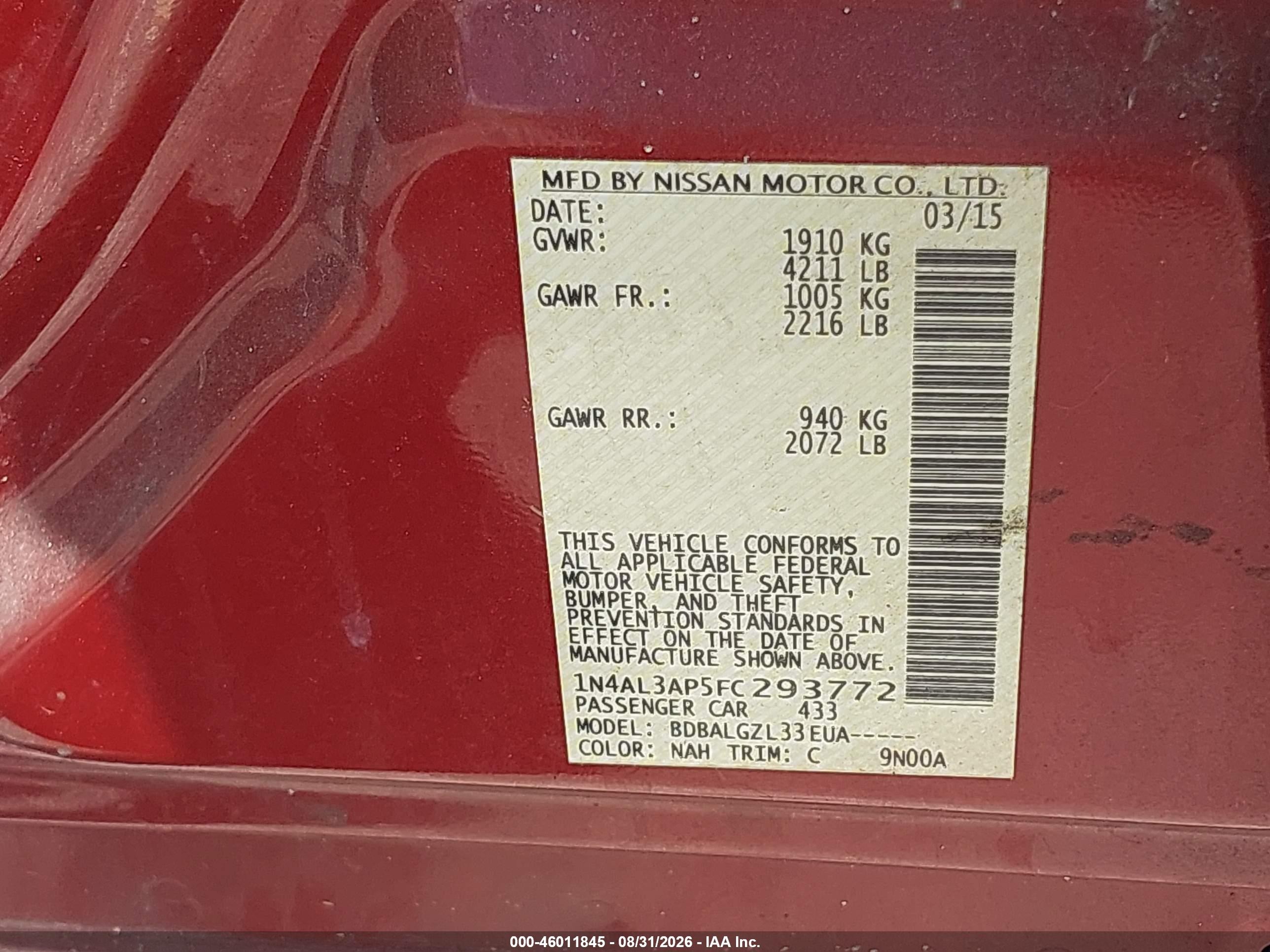 2015 Nissan Altima 2.5 S Red vin: 1N4AL3AP5FC293772