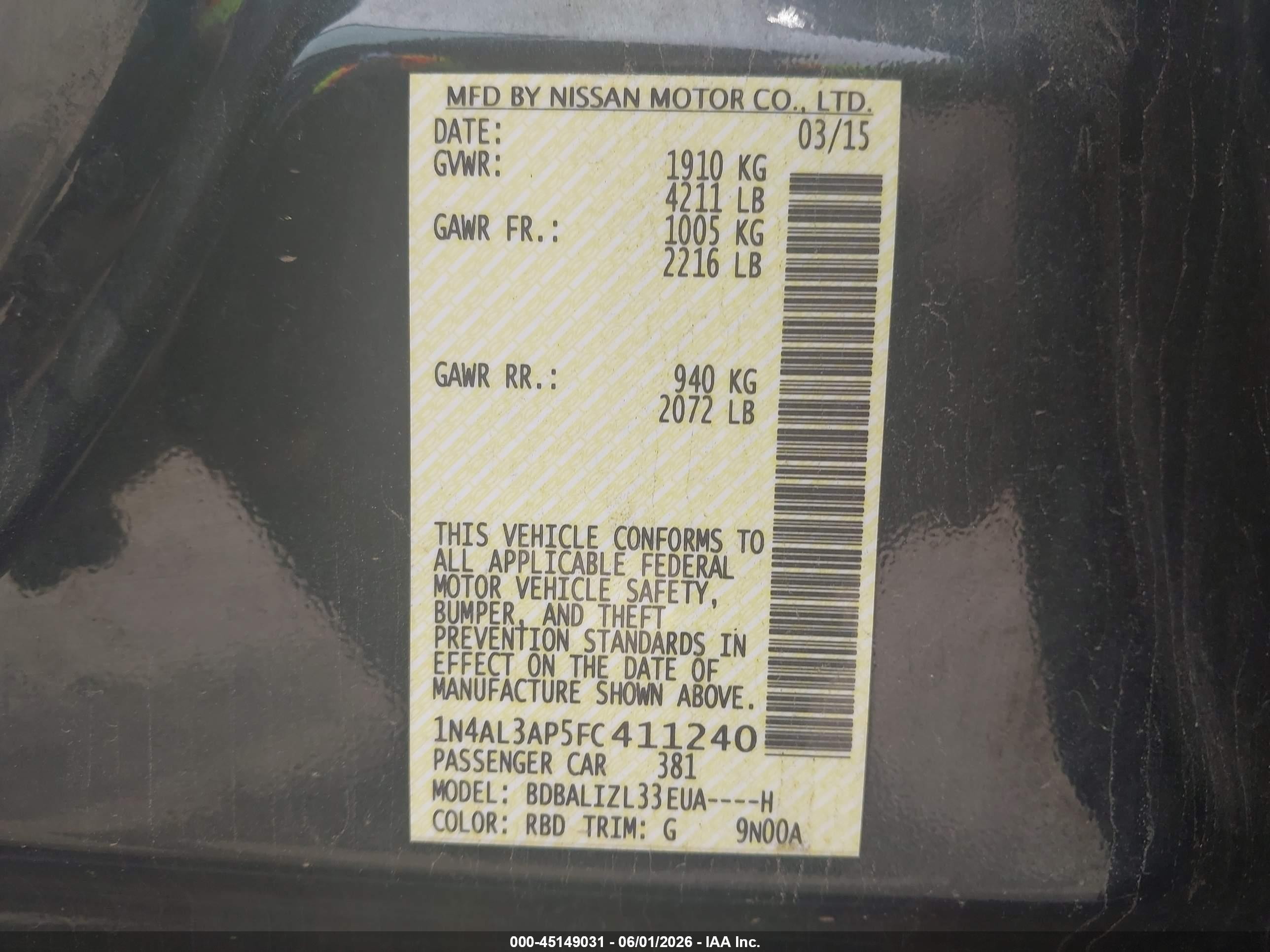 2015 Nissan Altima 2.5 Sv Black vin: 1N4AL3AP5FC411240