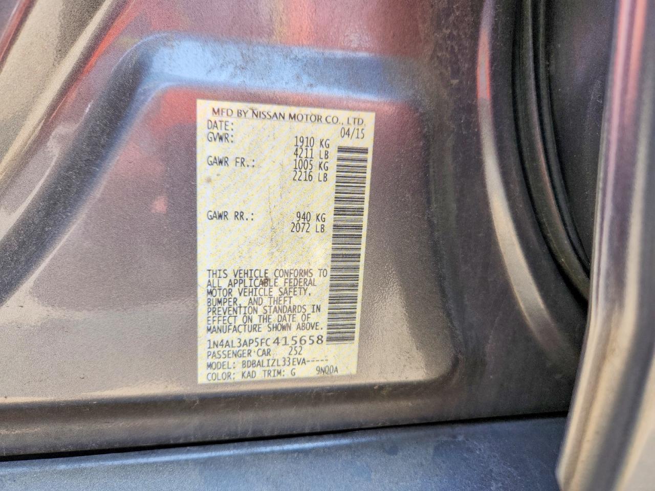 2015 Nissan Altima 2.5 Sv Gray vin: 1N4AL3AP5FC415658