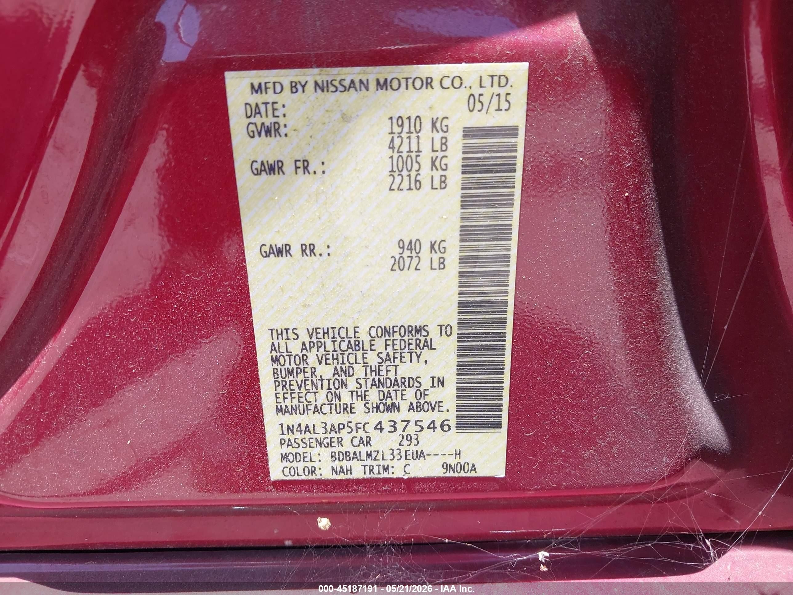 2015 Nissan Altima 2.5 Sv Burgundy vin: 1N4AL3AP5FC437546
