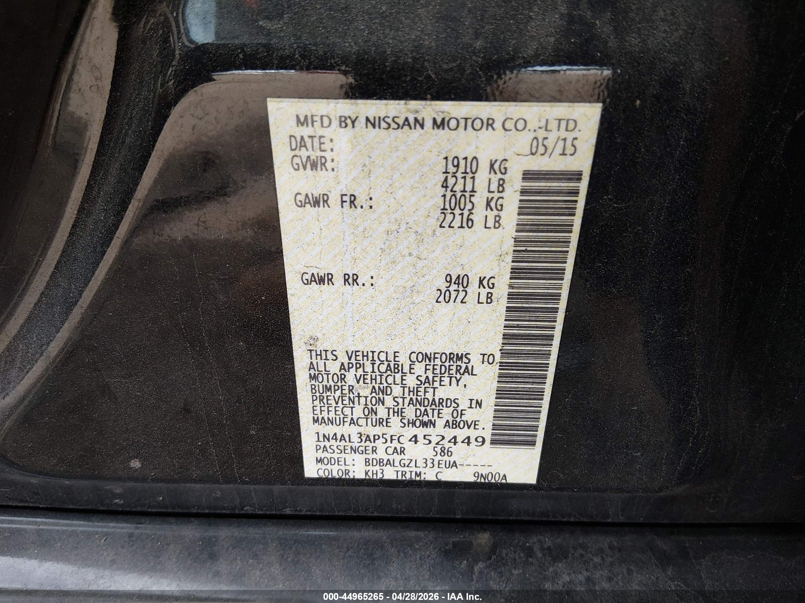 2015 Nissan Altima 2.5/2.5 S/2.5 Sl/2.5 Sv Black vin: 1N4AL3AP5FC452449