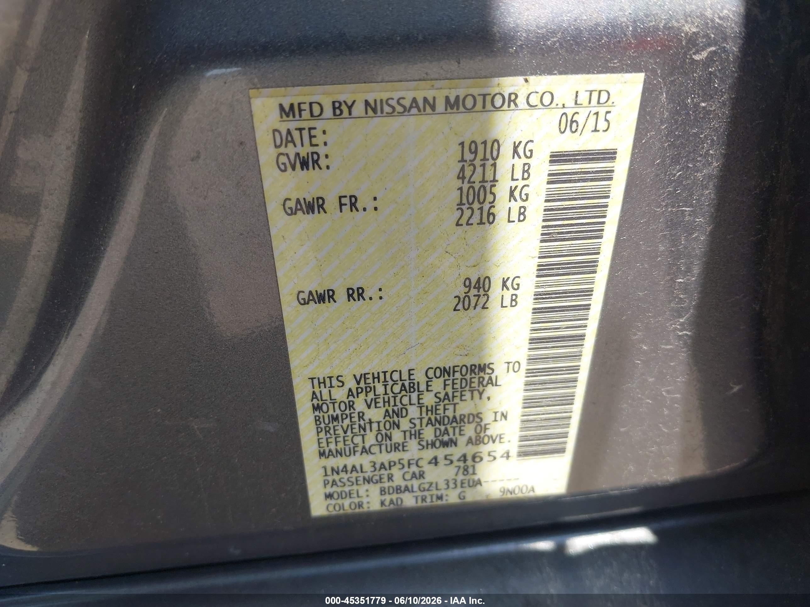 2015 Nissan Altima 2.5/2.5 S/2.5 Sl/2.5 Sv Серый vin: 1N4AL3AP5FC454654