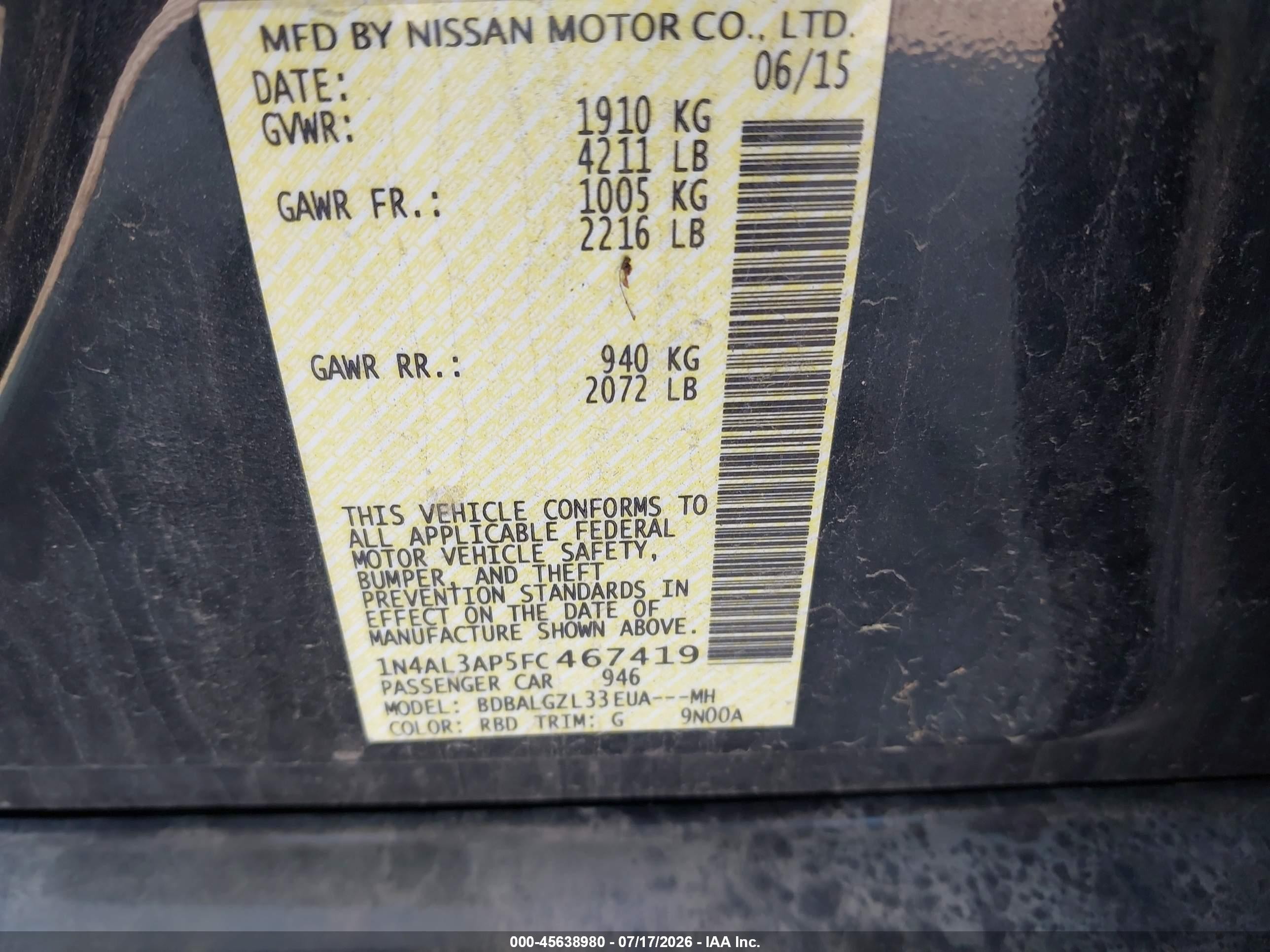 2015 Nissan Altima 2.5 S Black vin: 1N4AL3AP5FC467419