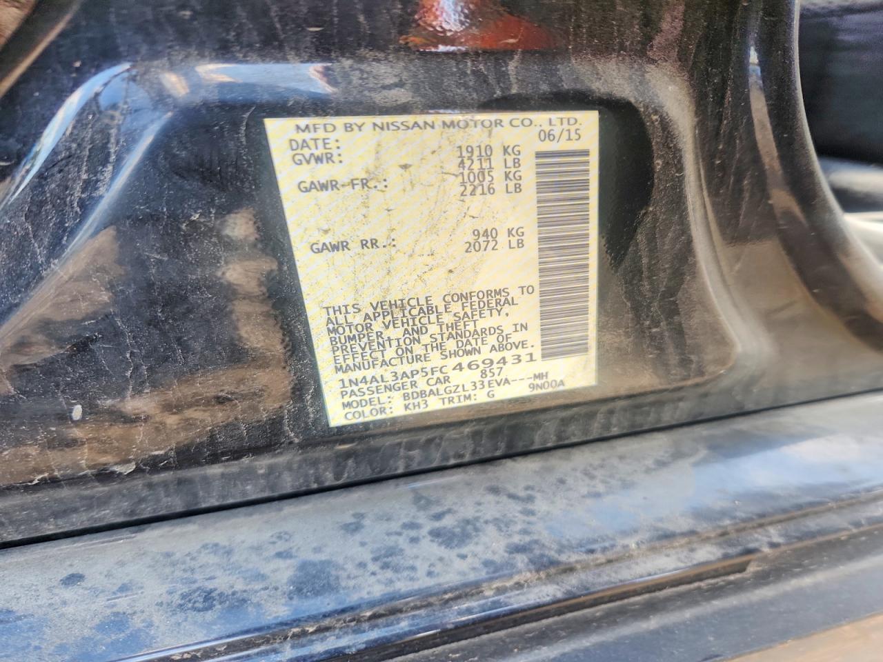 2015 Nissan Altima Charcoal vin: 1N4AL3AP5FC469431