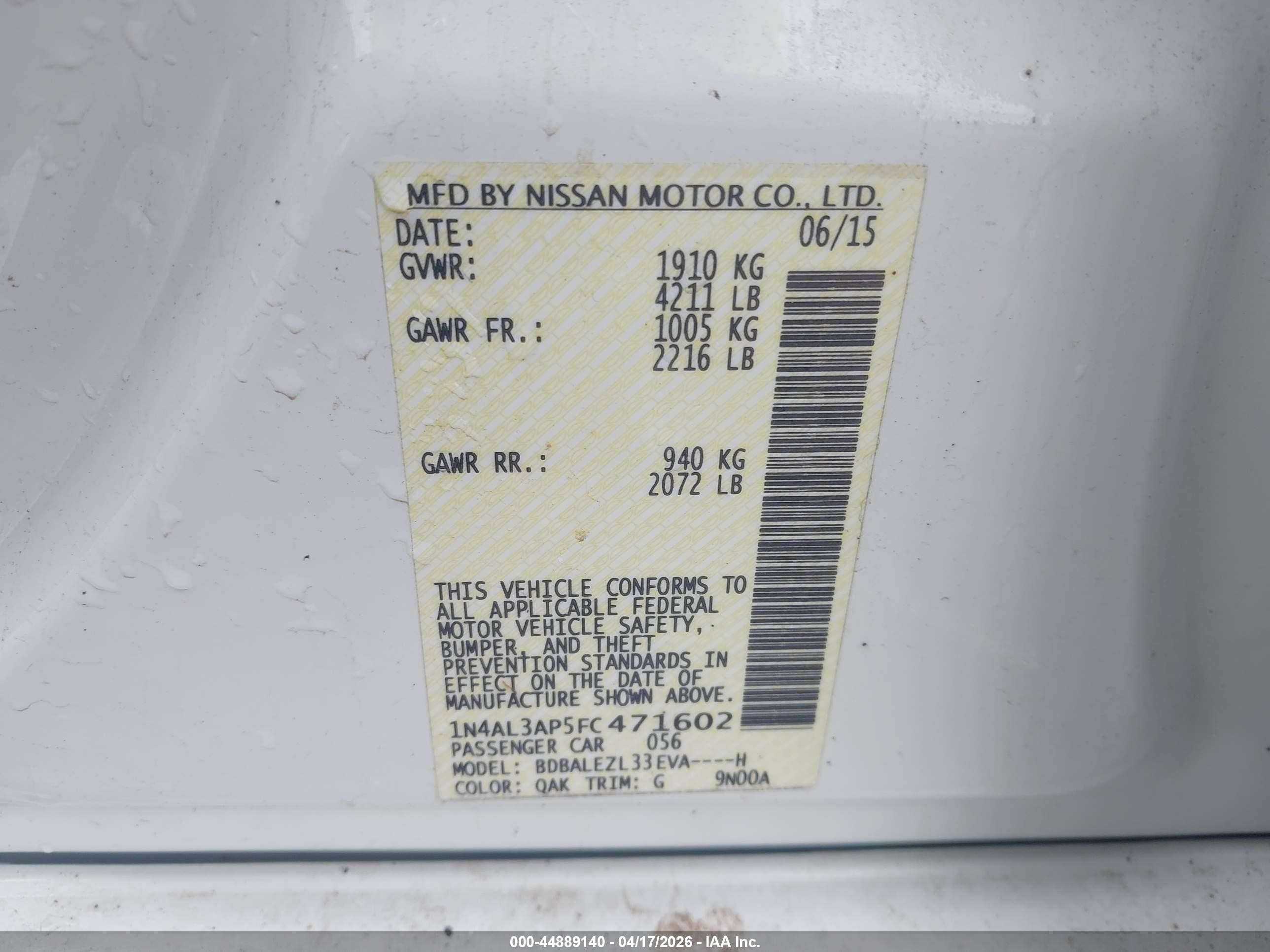 2015 Nissan Altima 2.5 S White vin: 1N4AL3AP5FC471602