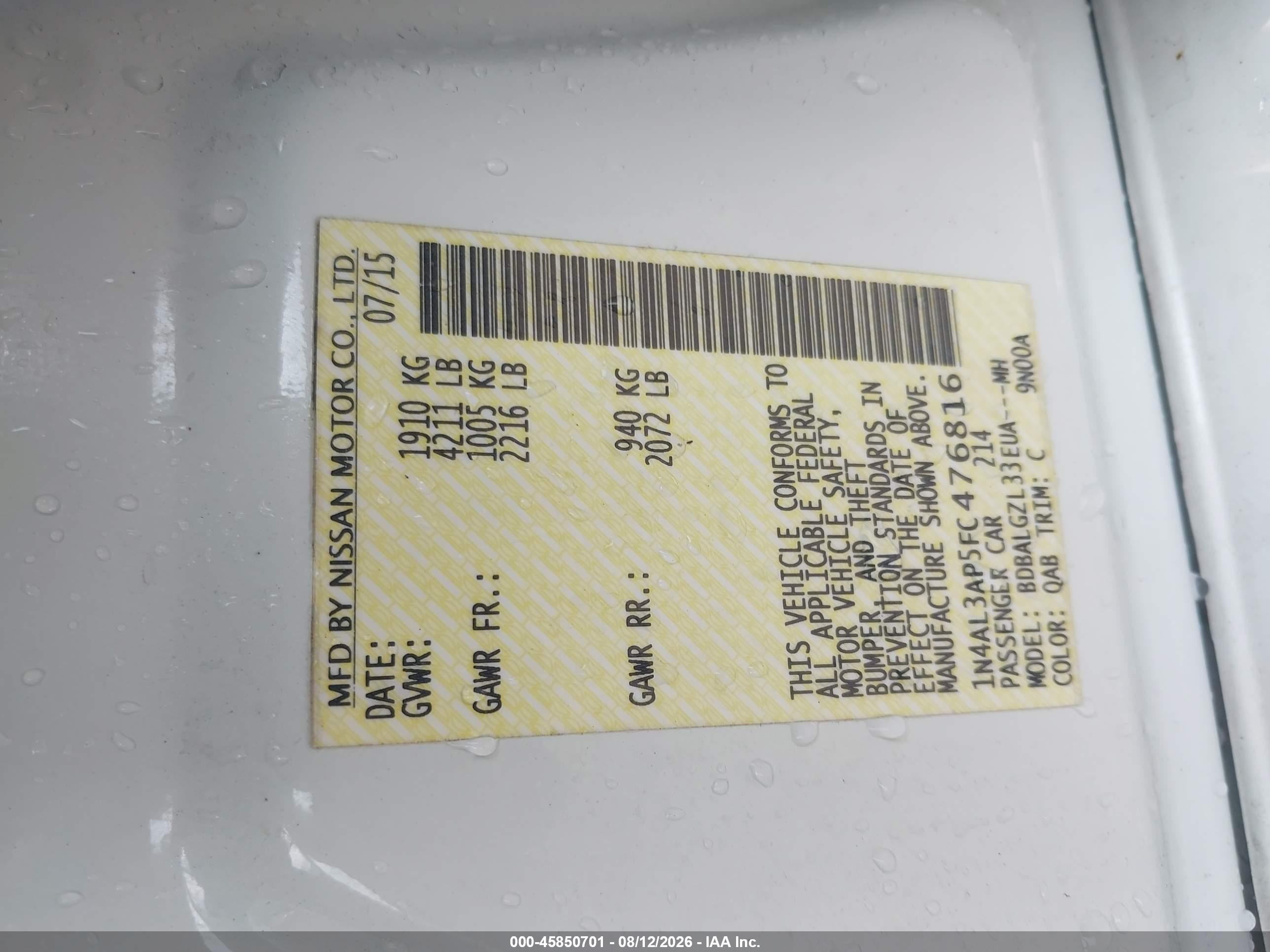 2015 Nissan Altima 2.5 S White vin: 1N4AL3AP5FC476816