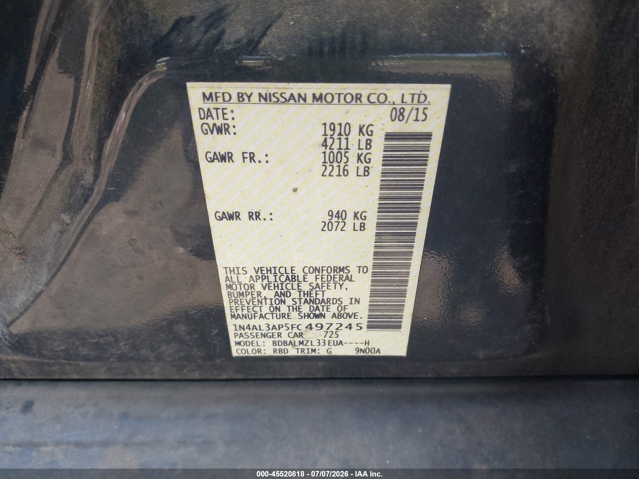 2015 Nissan Altima 2.5 Sv Black vin: 1N4AL3AP5FC497245