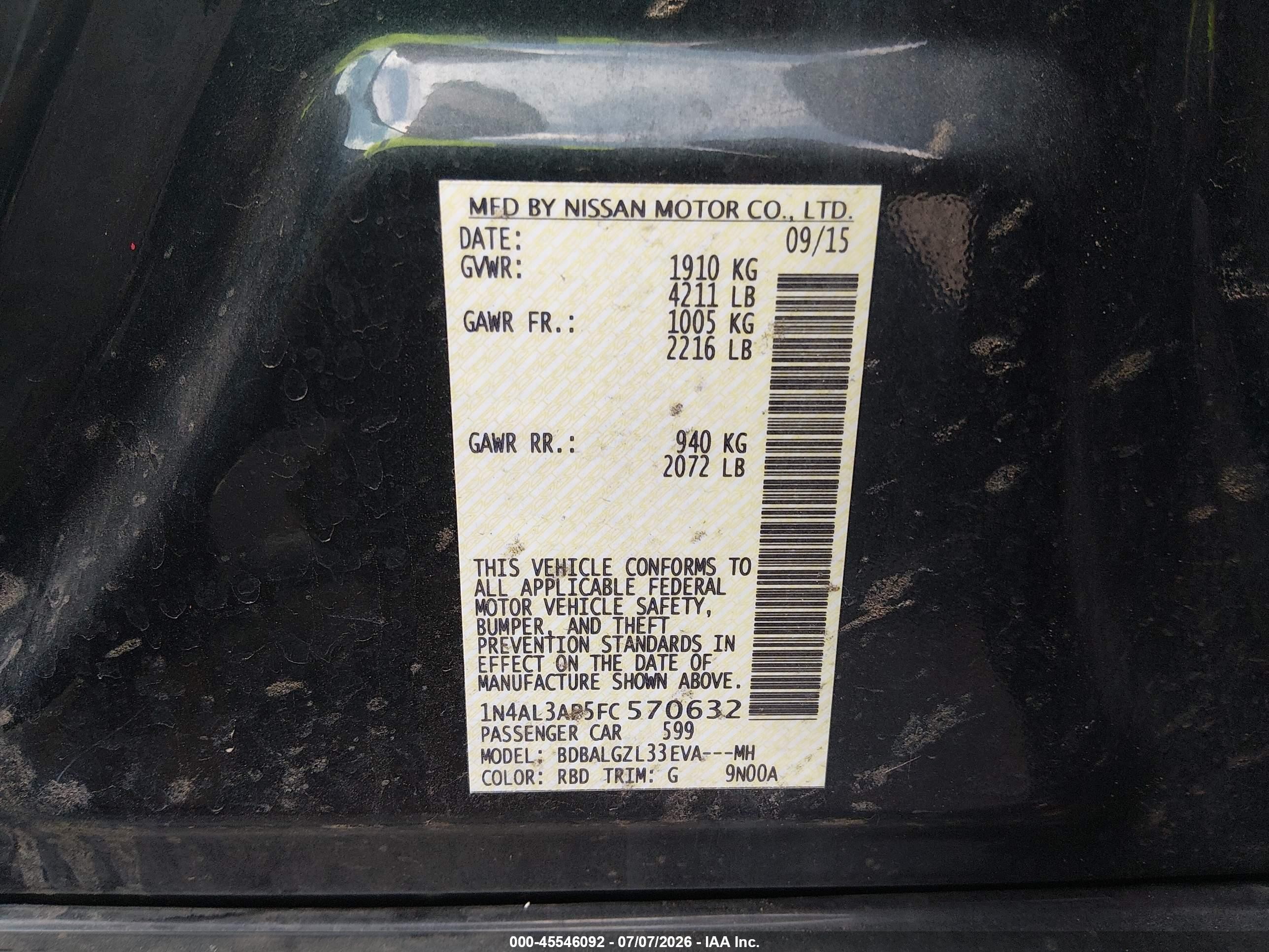 2015 Nissan Altima 2.5 S Black vin: 1N4AL3AP5FC570632