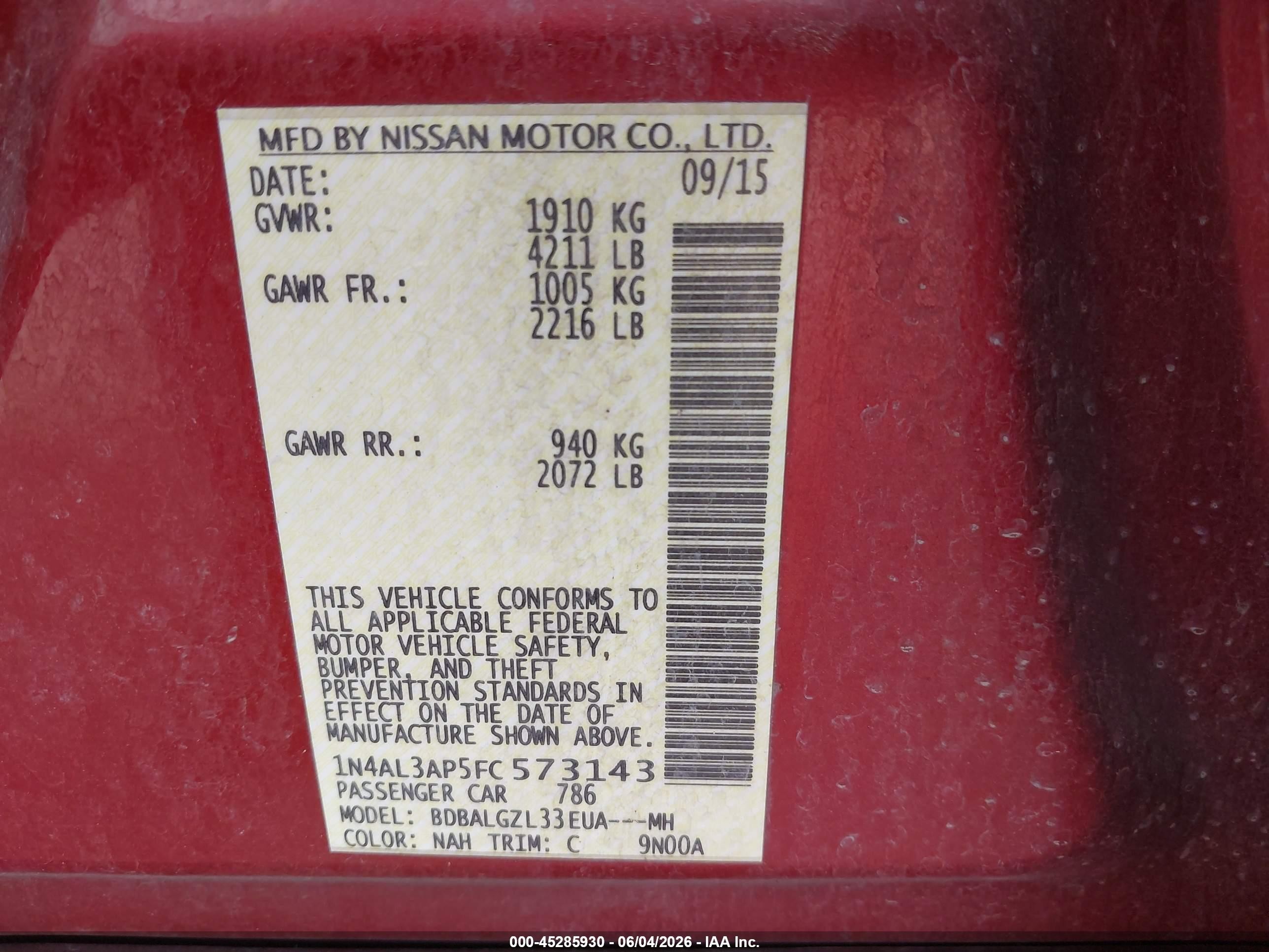 2015 Nissan Altima 2.5 S Red vin: 1N4AL3AP5FC573143