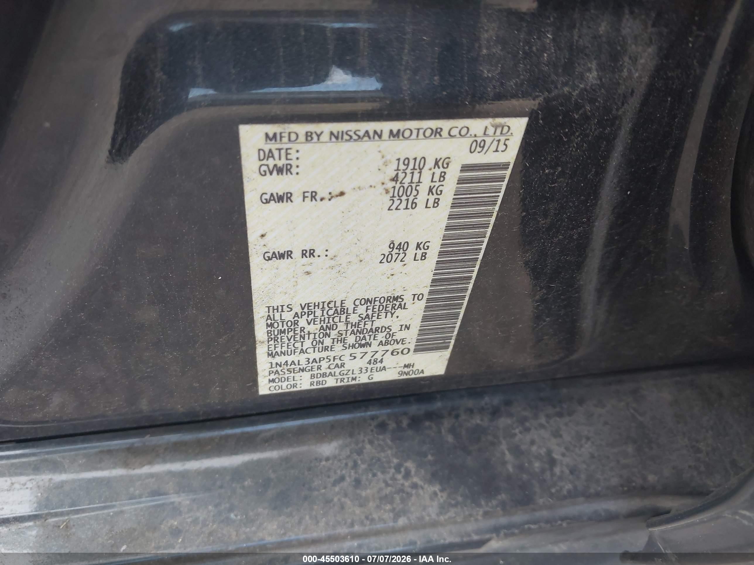 2015 Nissan Altima 2.5 S Black vin: 1N4AL3AP5FC577760