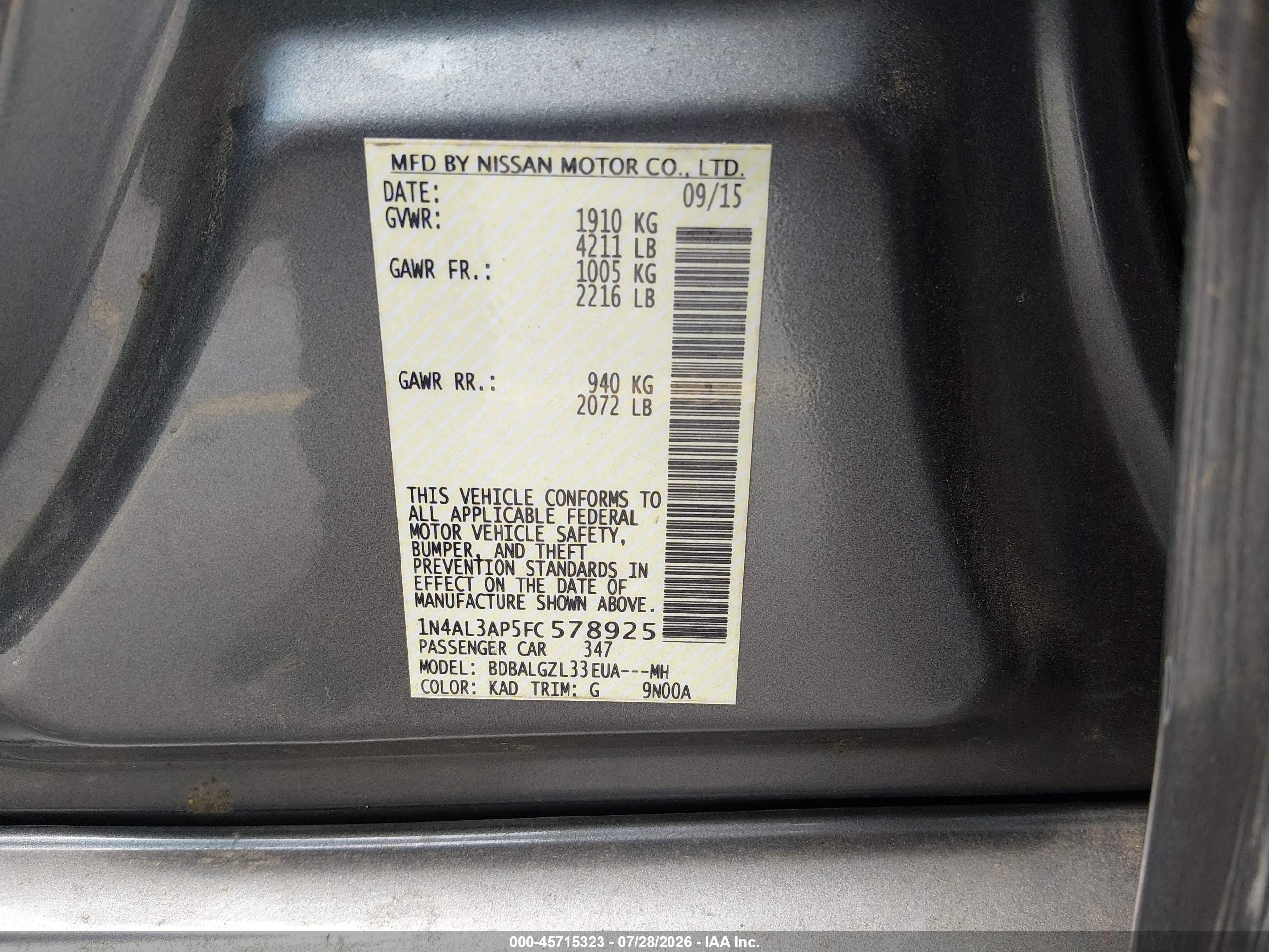 2015 Nissan Altima 2.5 S Gray vin: 1N4AL3AP5FC578925