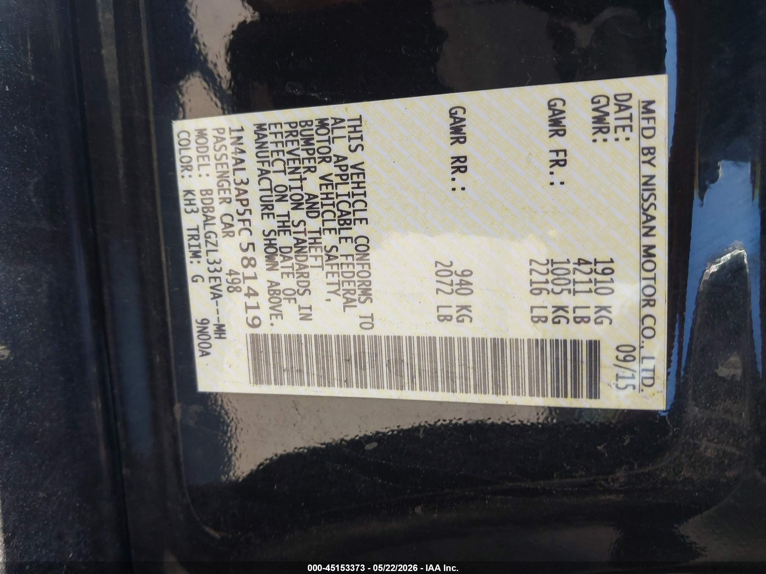 2015 Nissan Altima 2.5 S Черный vin: 1N4AL3AP5FC581419