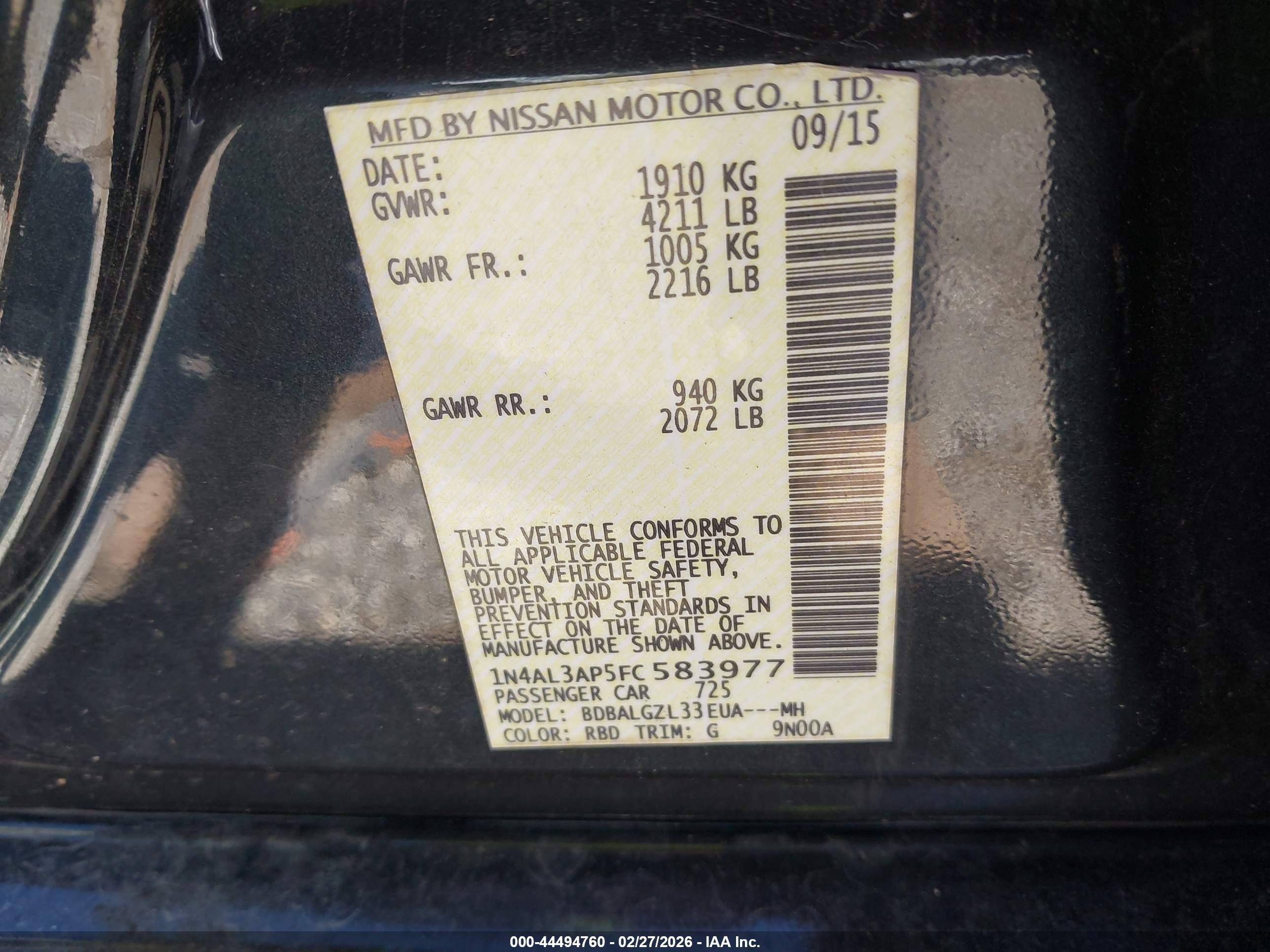 2015 Nissan Altima 2.5 S Black vin: 1N4AL3AP5FC583977