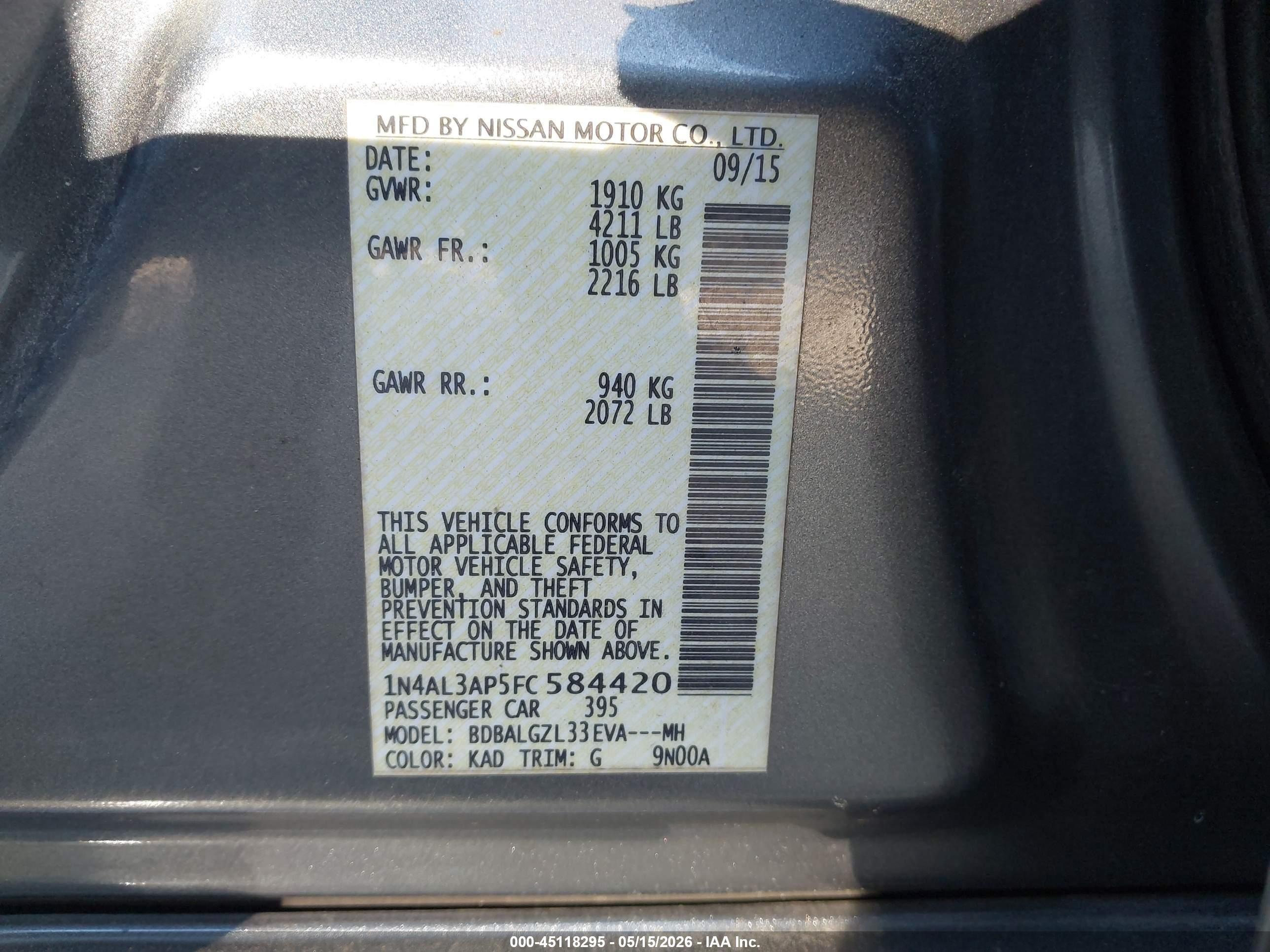 2015 Nissan Altima 2.5 S Gray vin: 1N4AL3AP5FC584420