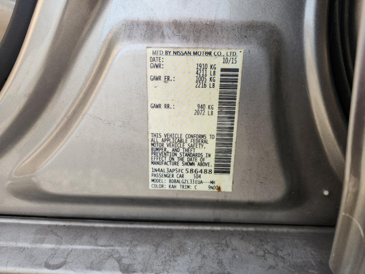2015 Nissan Altima 2.5 S Tan vin: 1N4AL3AP5FC586488