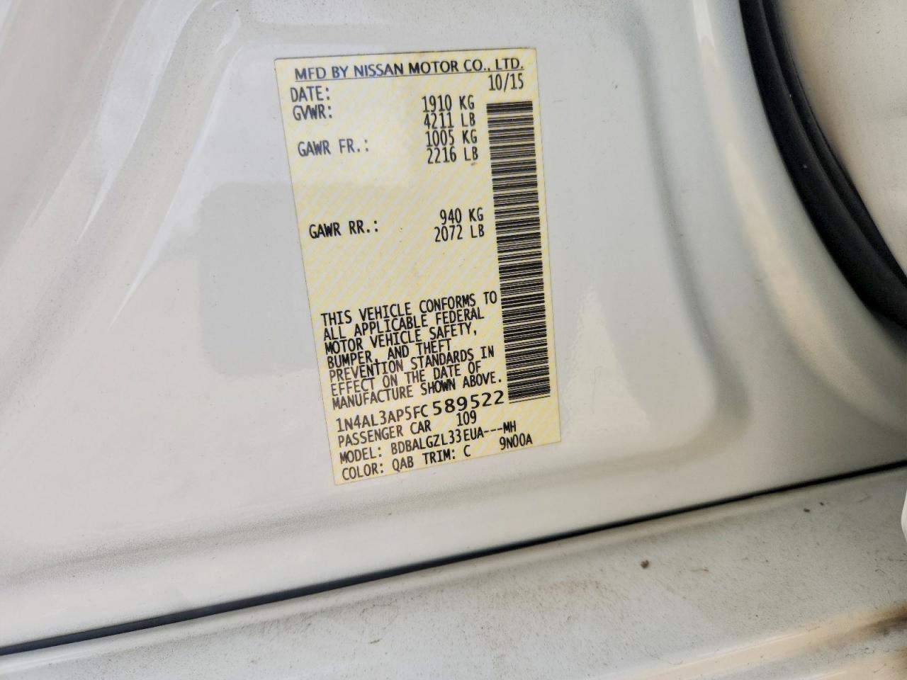 2015 Nissan Altima 2.5 S White vin: 1N4AL3AP5FC589522