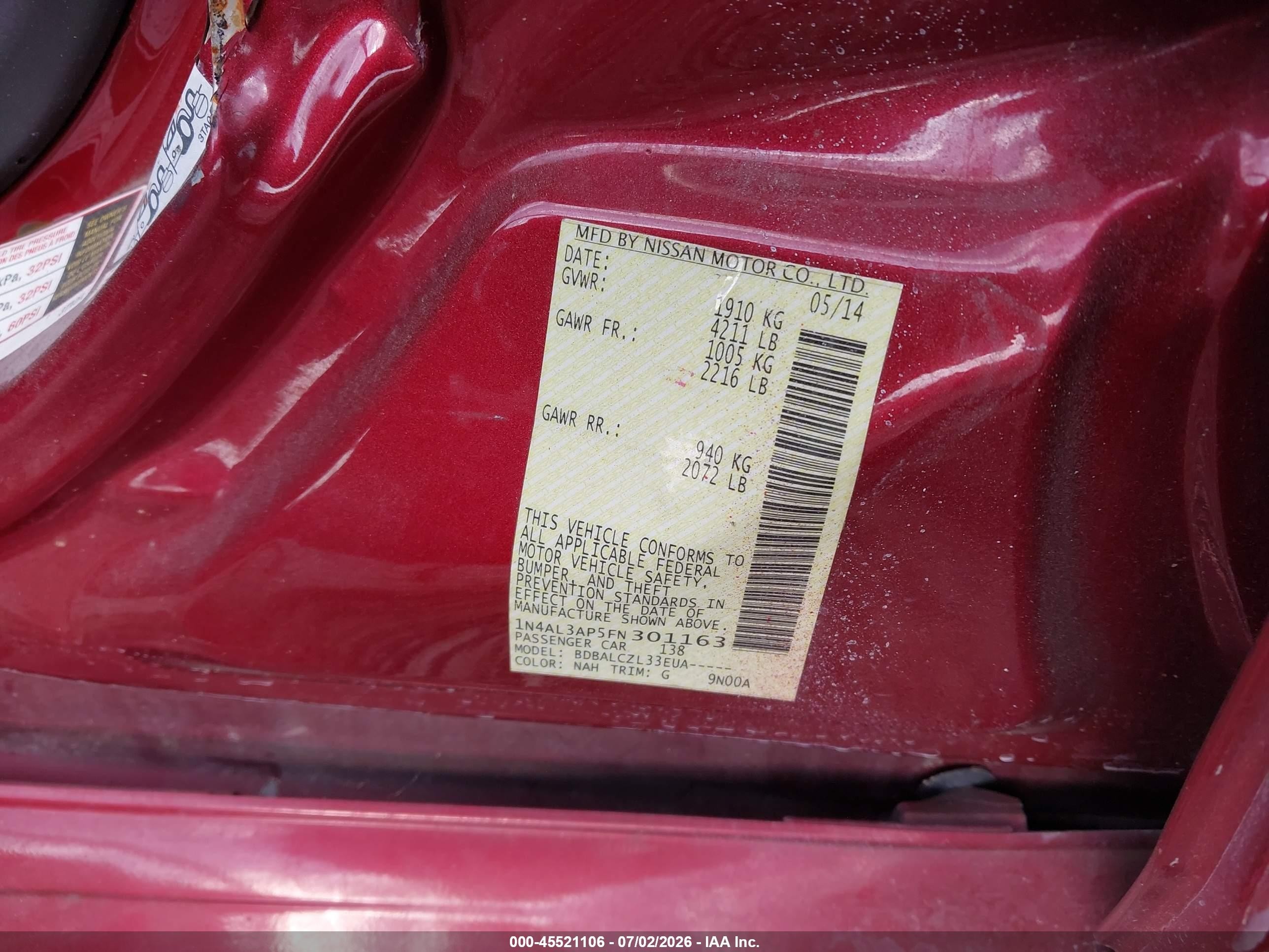 2015 Nissan Altima 2.5/2.5 S/2.5 Sl/2.5 Sv Red vin: 1N4AL3AP5FN301163