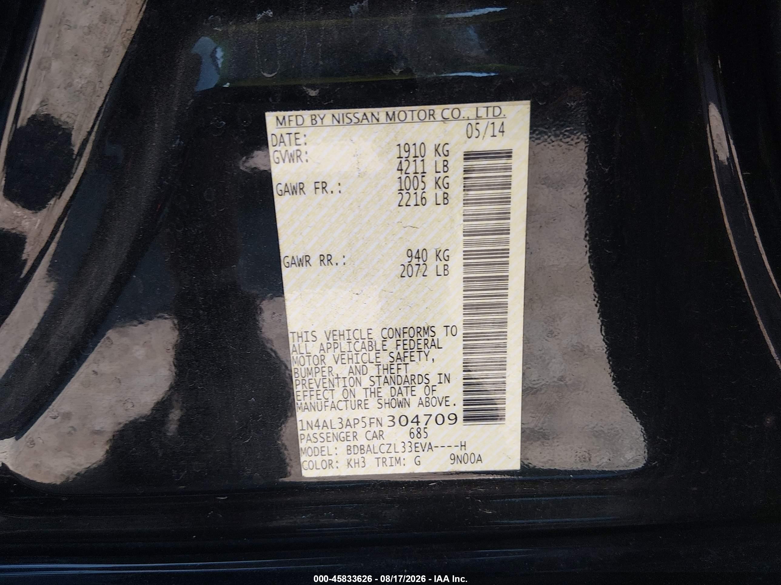 2015 Nissan Altima 2.5 S Black vin: 1N4AL3AP5FN304709