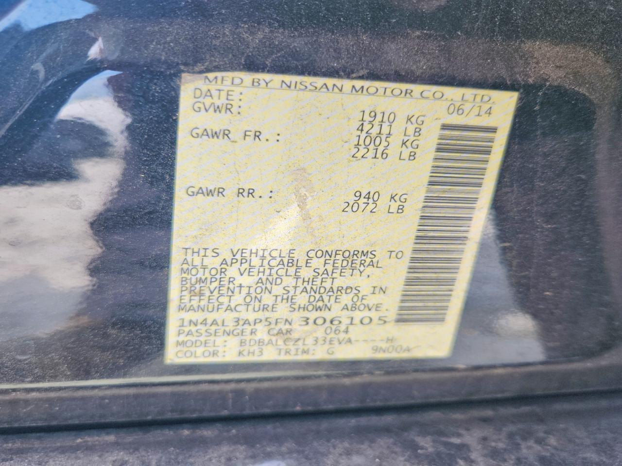 2015 Nissan Altima Black vin: 1N4AL3AP5FN306105