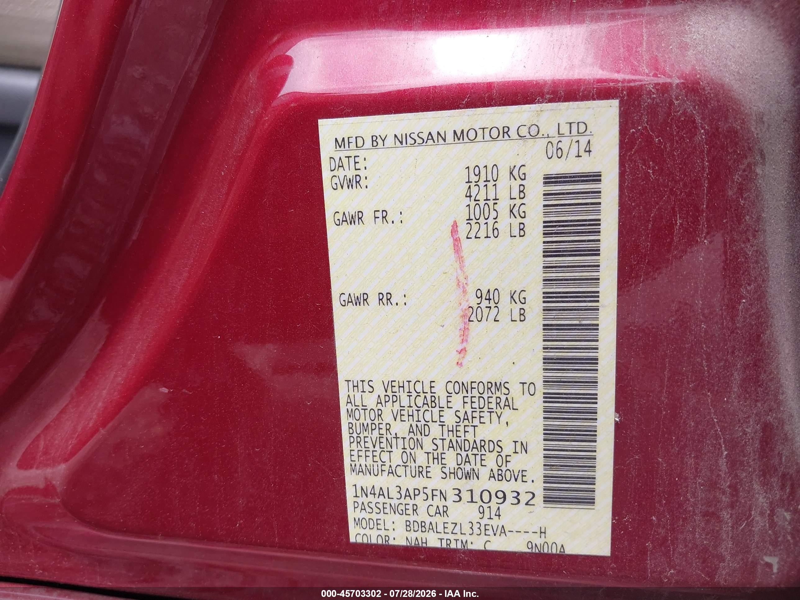 2015 Nissan Altima 2.5 S Red vin: 1N4AL3AP5FN310932