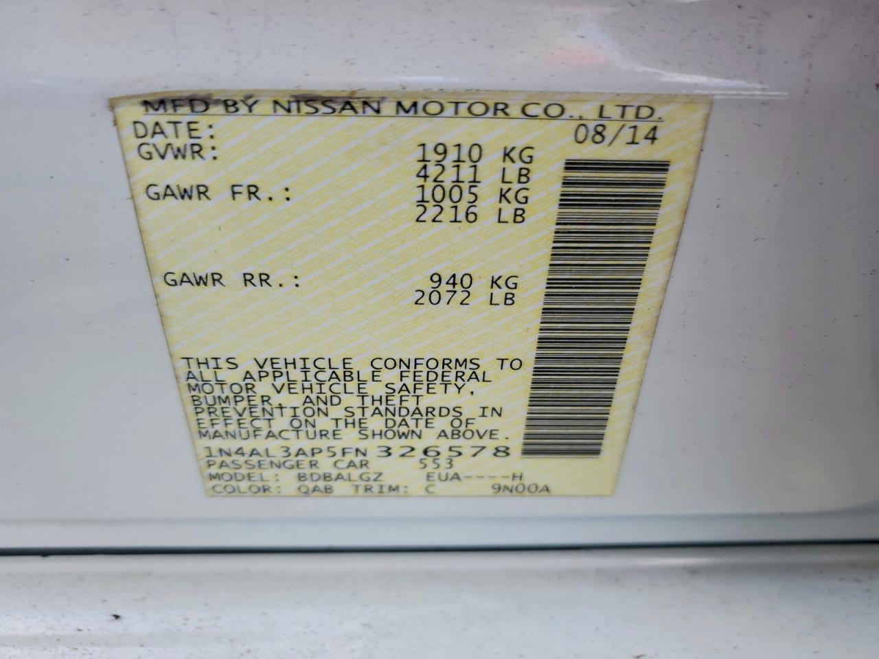 2015 Nissan Altima 2.5 S White vin: 1N4AL3AP5FN326578