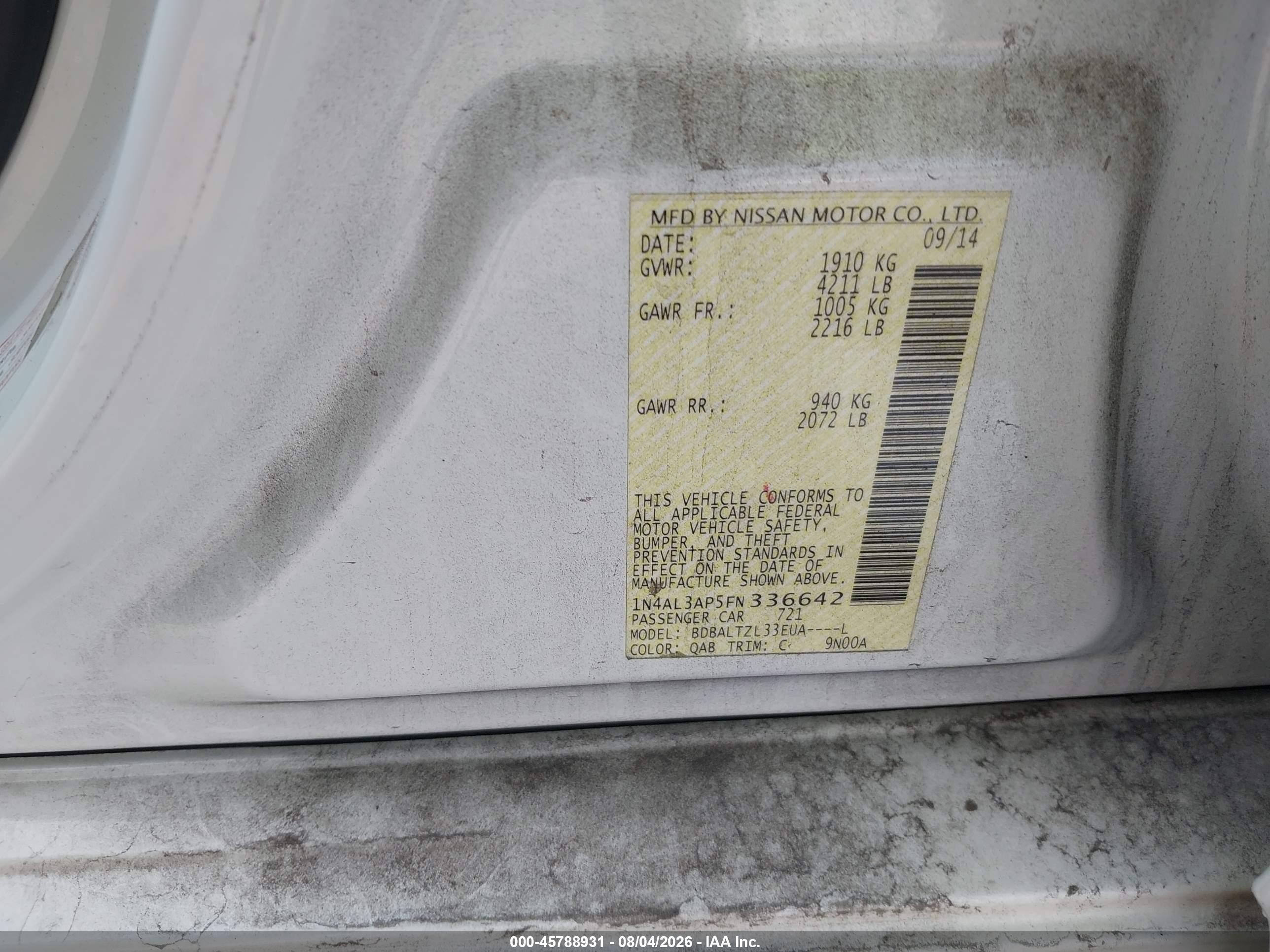 2015 Nissan Altima 2.5 Sl White vin: 1N4AL3AP5FN336642