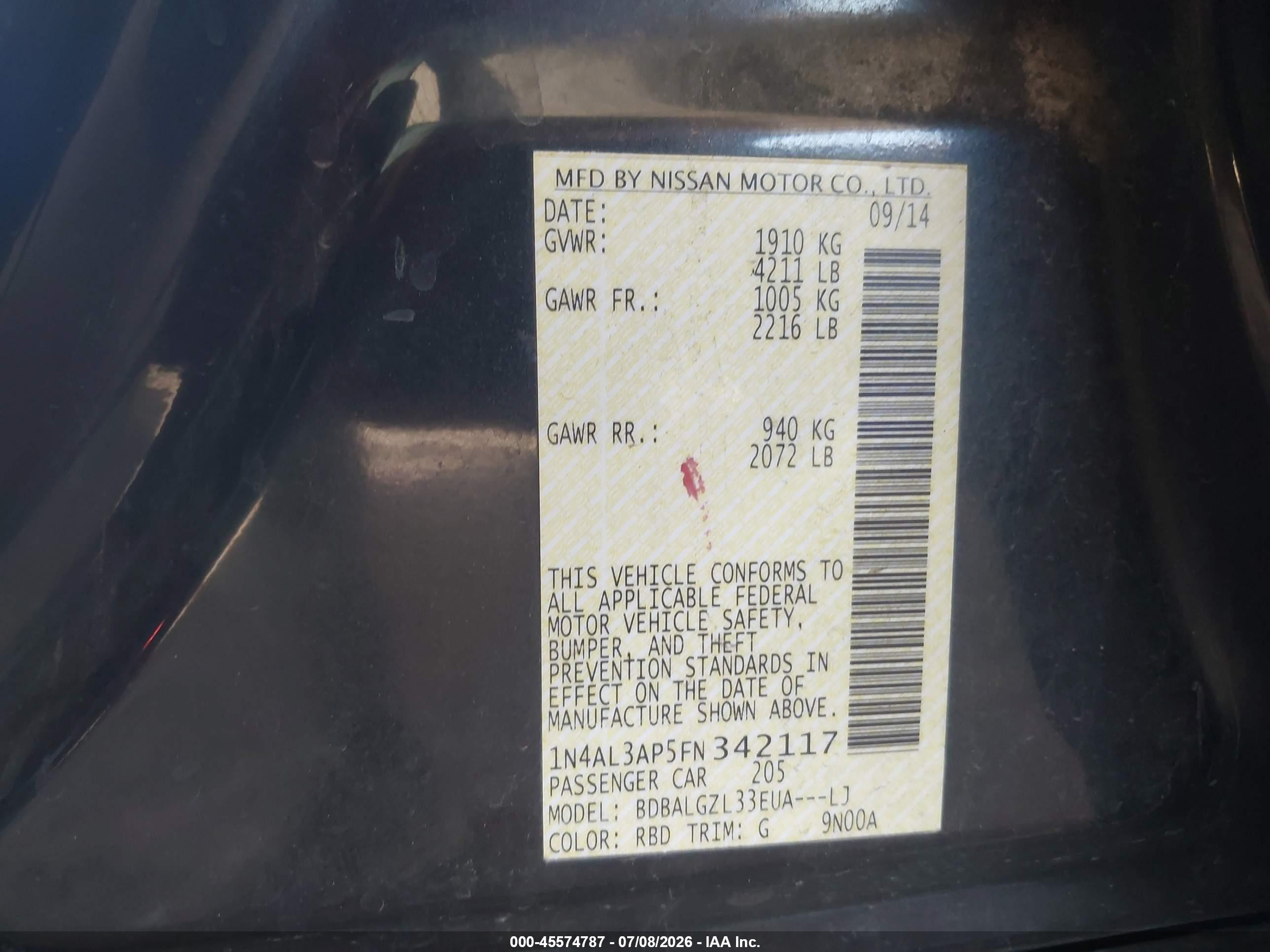 2015 Nissan Altima 2.5 S Black vin: 1N4AL3AP5FN342117