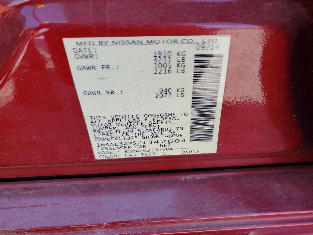2015 Nissan Altima 2.5 S Red vin: 1N4AL3AP5FN342604