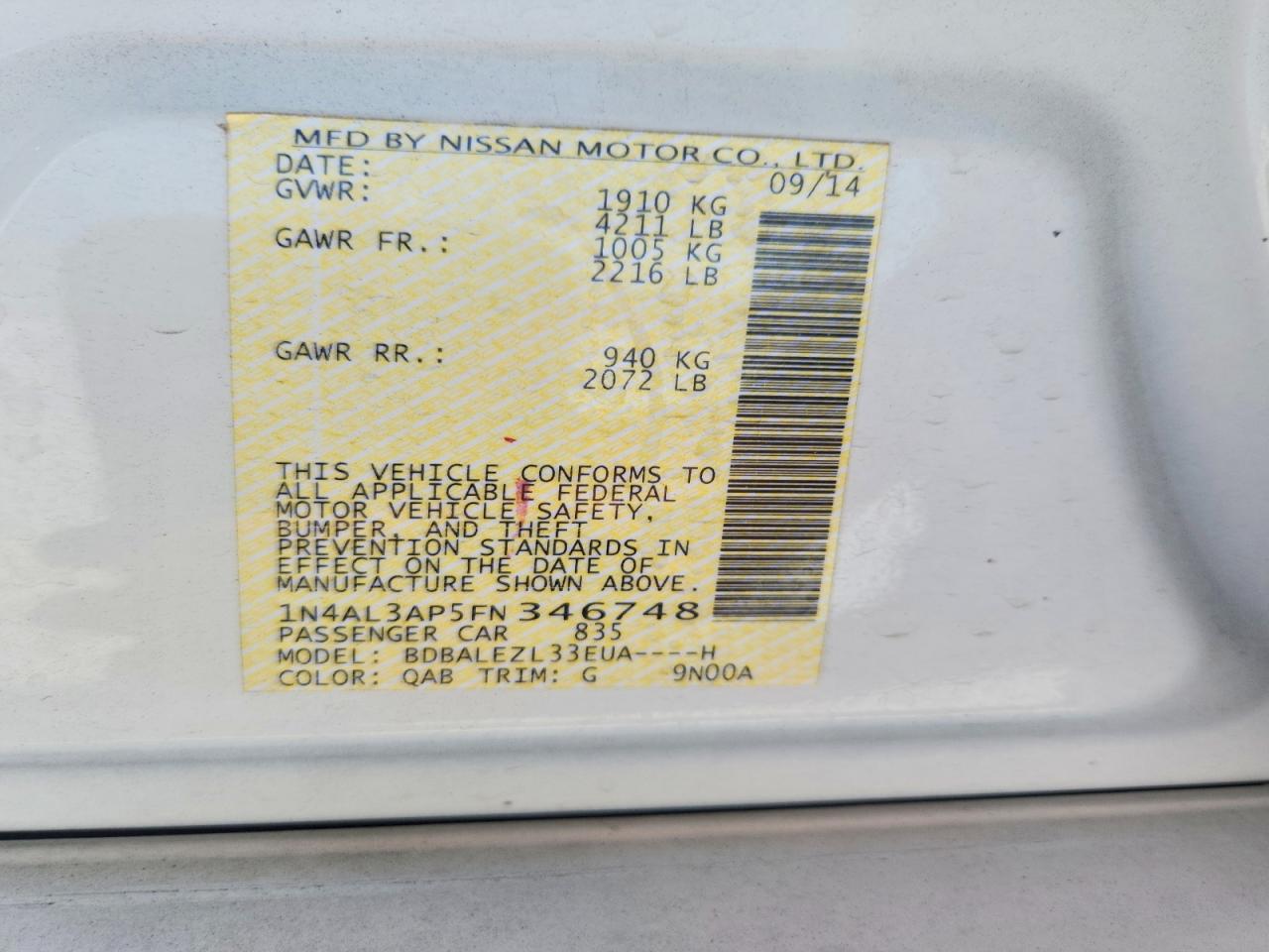 2015 Nissan Altima 2.5 S White vin: 1N4AL3AP5FN346748