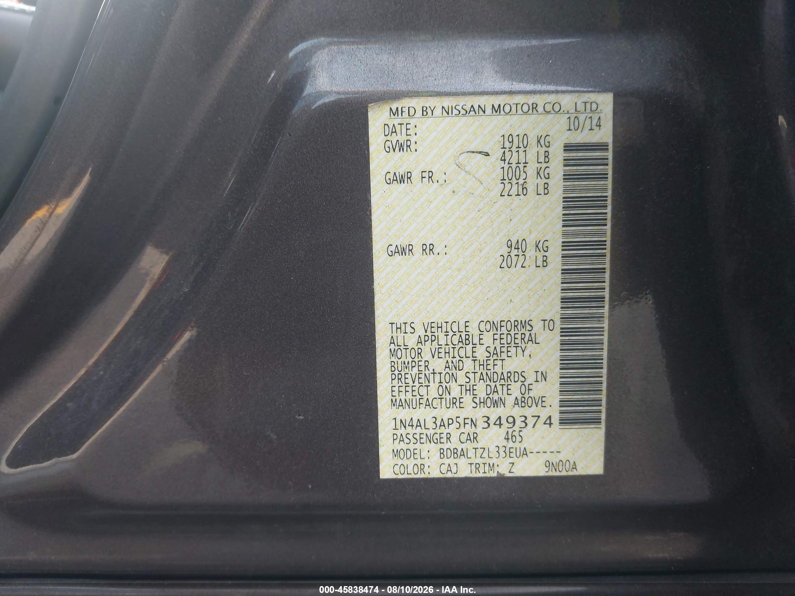 2015 Nissan Altima 2.5/2.5 S/2.5 Sl/2.5 Sv Gray vin: 1N4AL3AP5FN349374