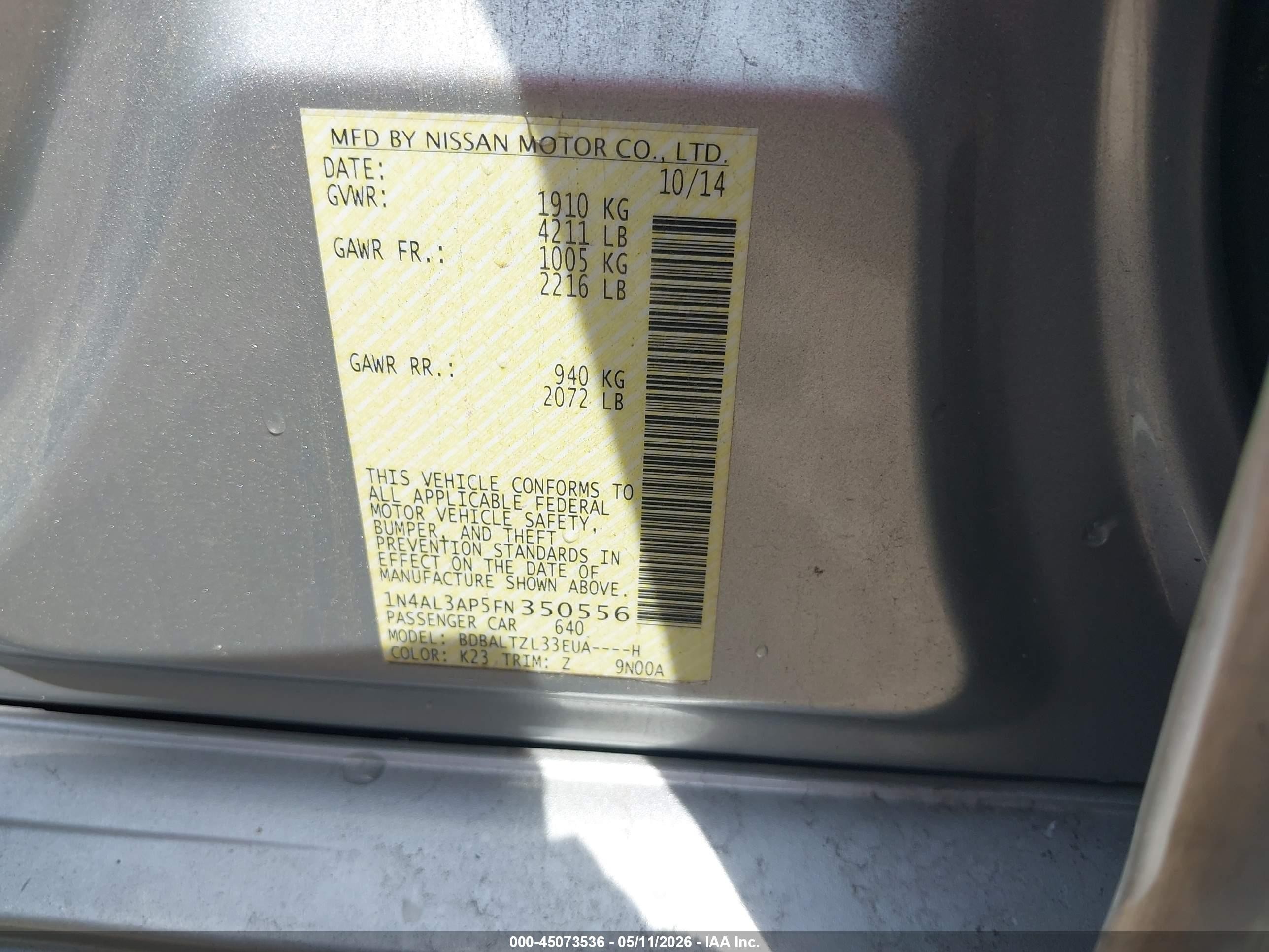 2015 Nissan Altima 2.5 Sl Серебряный vin: 1N4AL3AP5FN350556