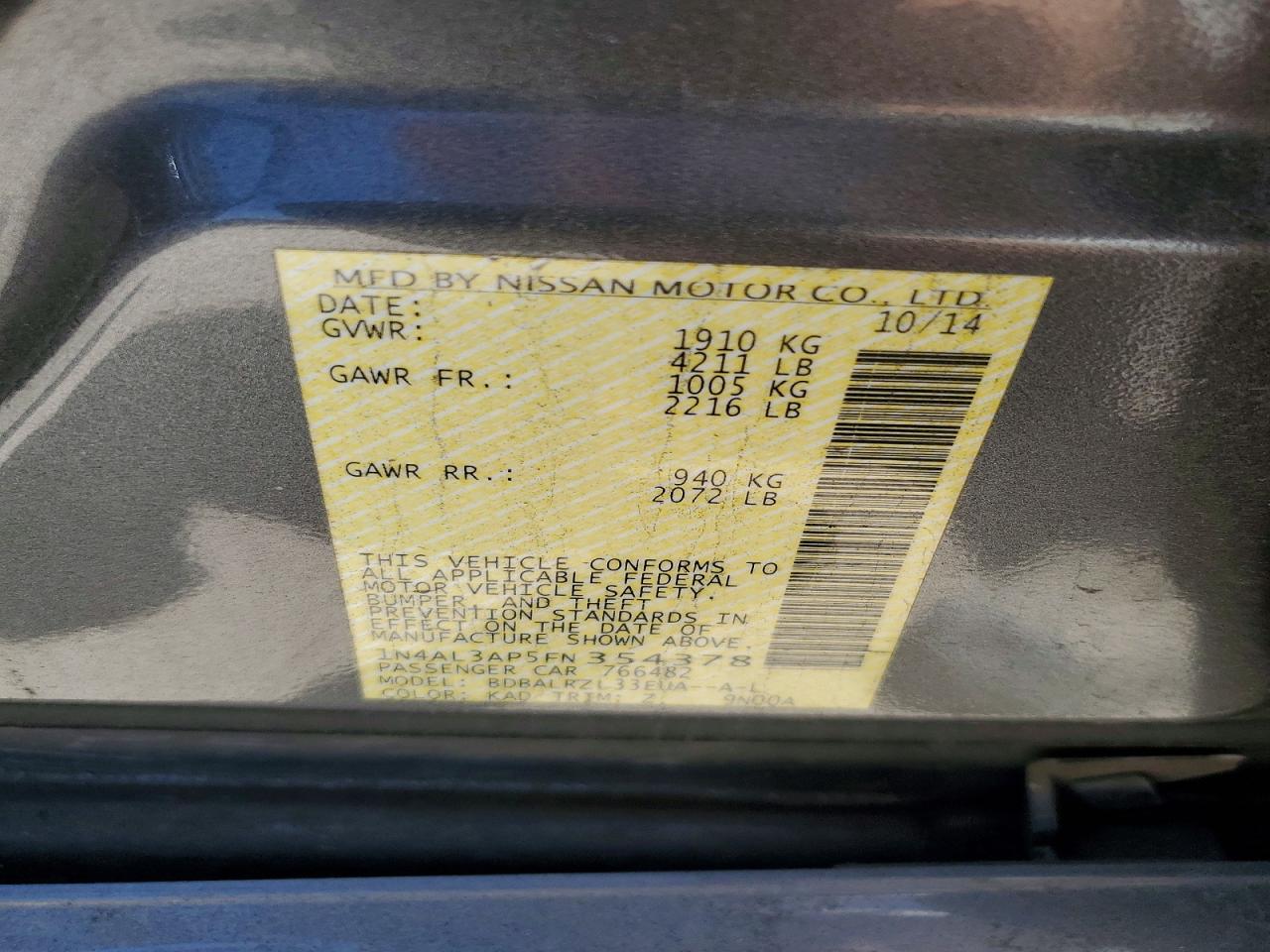 2015 Nissan Altima 2.5 Sl Gray vin: 1N4AL3AP5FN354378