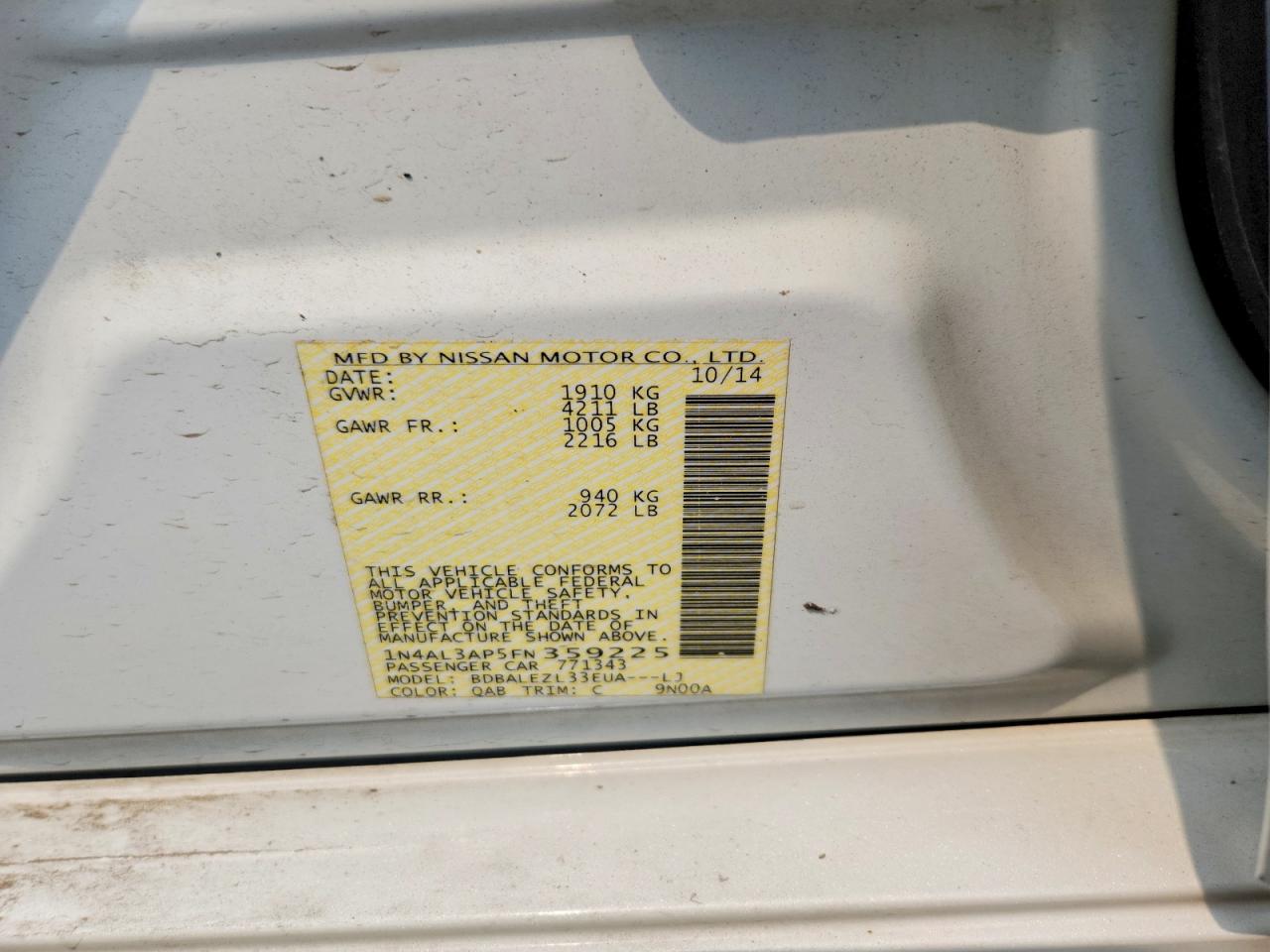 2015 Nissan Altima 2.5 S Белый vin: 1N4AL3AP5FN359225