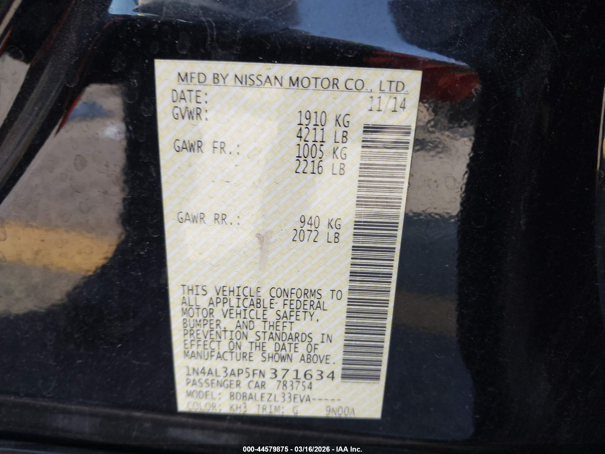 2015 Nissan Altima 2.5 S Black vin: 1N4AL3AP5FN371634