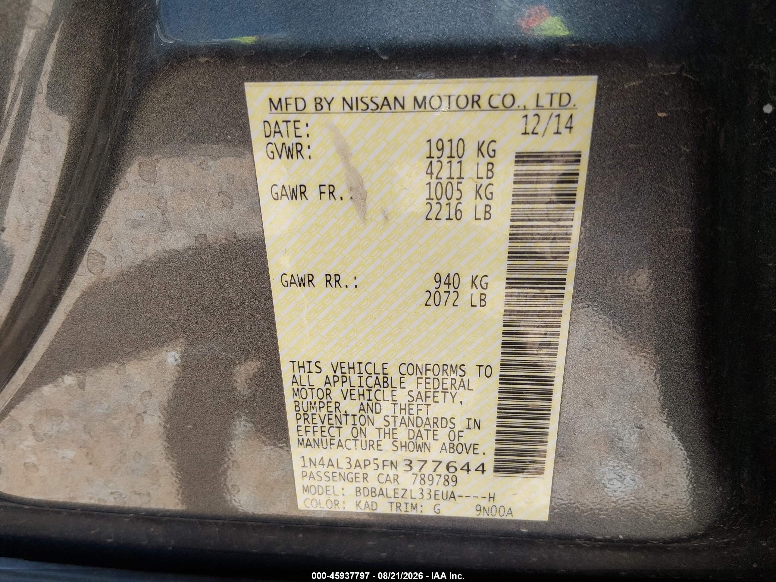 2015 Nissan Altima 2.5 S Gray vin: 1N4AL3AP5FN377644