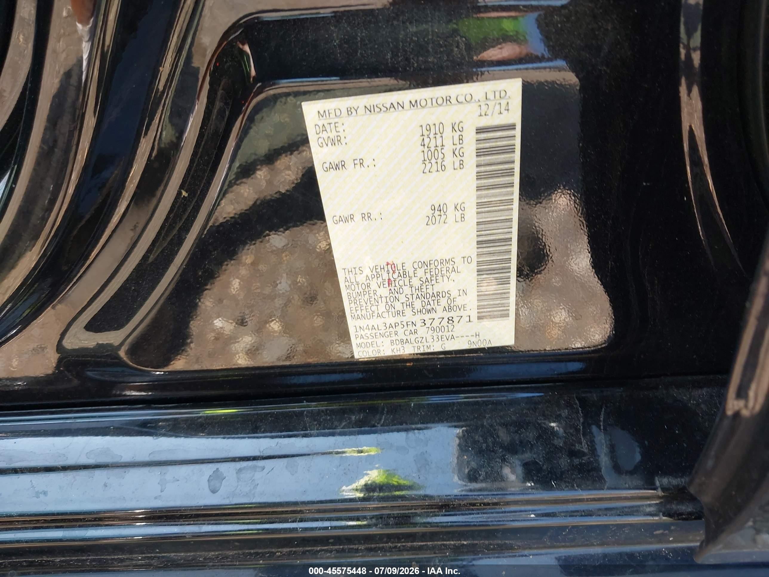 2015 Nissan Altima 2.5 S Черный vin: 1N4AL3AP5FN377871