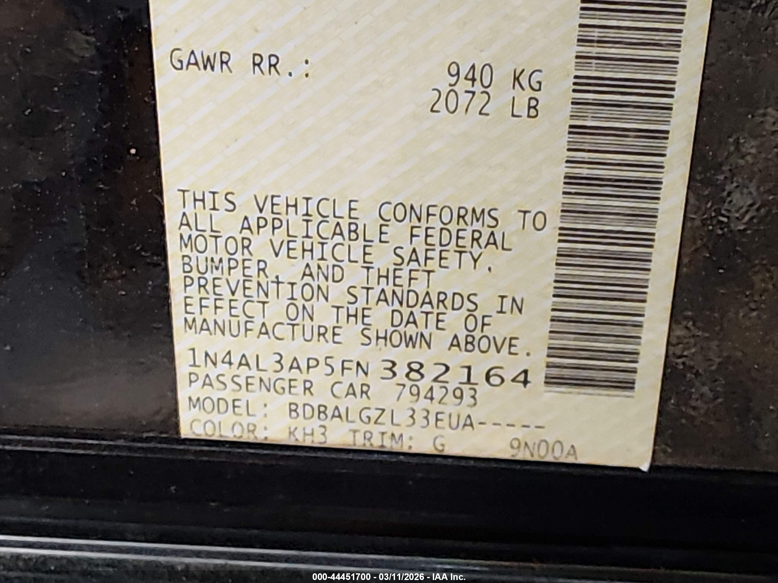 2015 Nissan Altima 2.5/2.5 S/2.5 Sl/2.5 Sv Black vin: 1N4AL3AP5FN382164