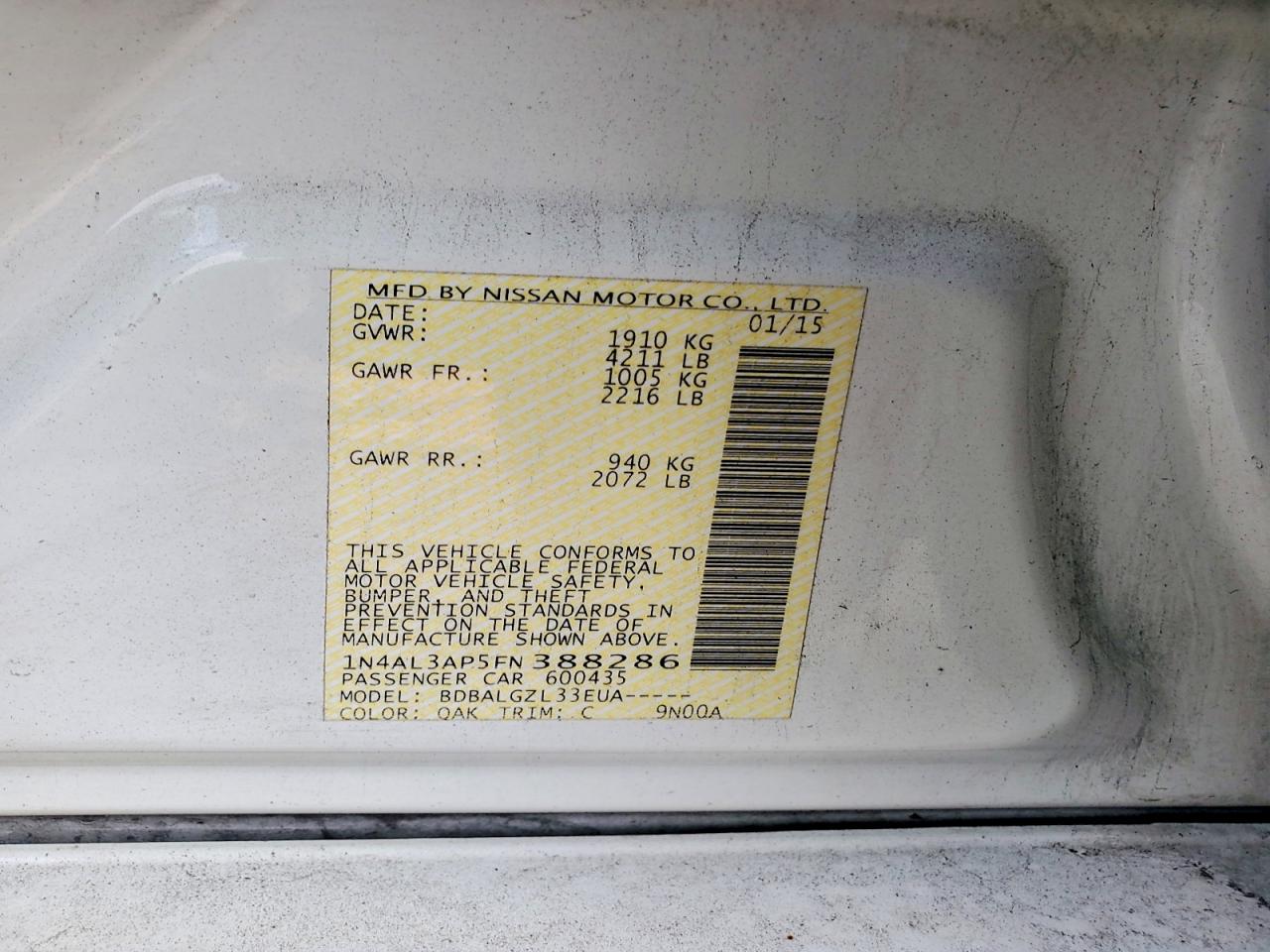 2015 Nissan Altima 2.5 S White vin: 1N4AL3AP5FN388286