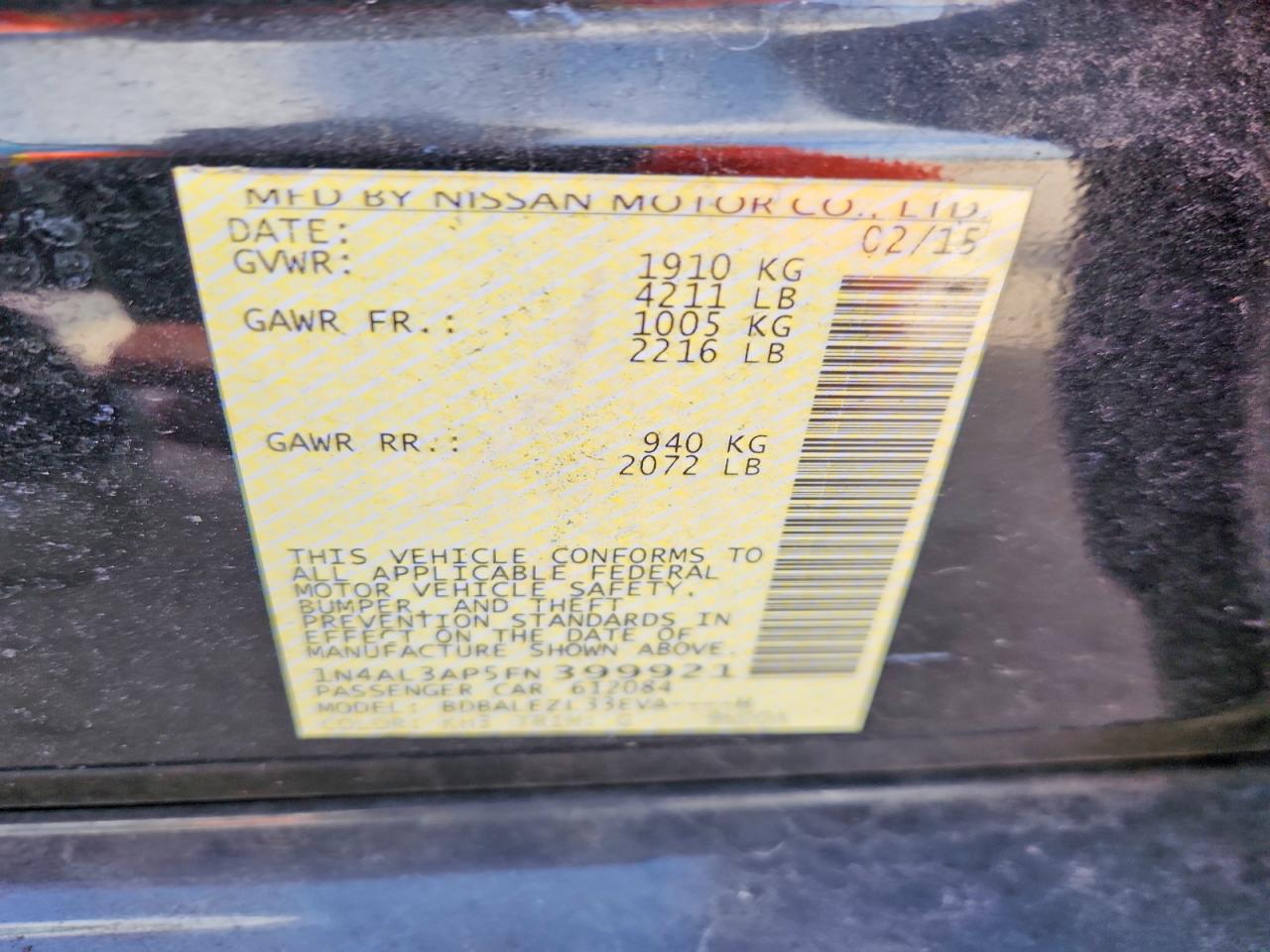 2015 Nissan Altima 2.5 S Black vin: 1N4AL3AP5FN399921