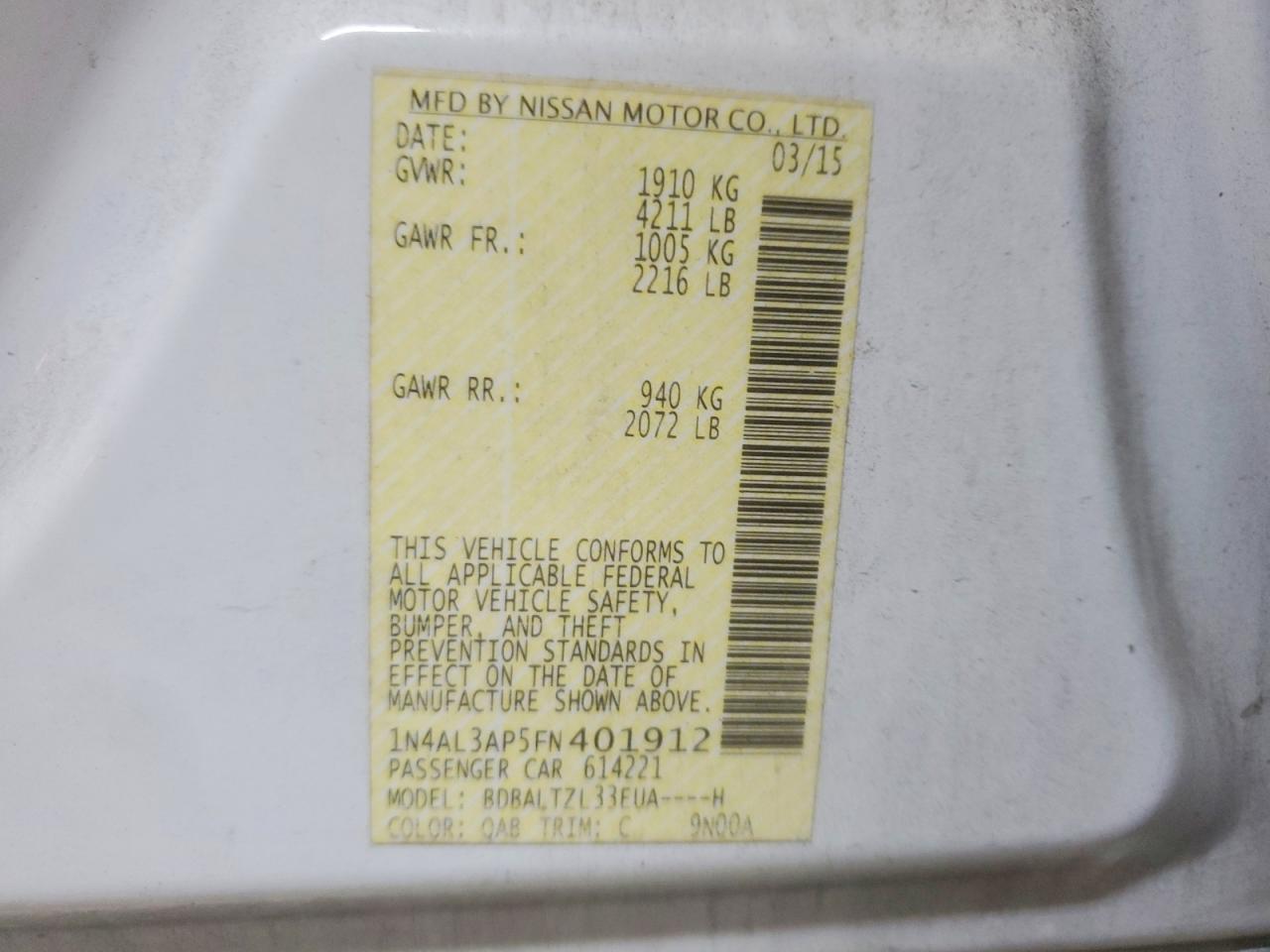 2015 Nissan Altima 2.5 Sl White vin: 1N4AL3AP5FN401912