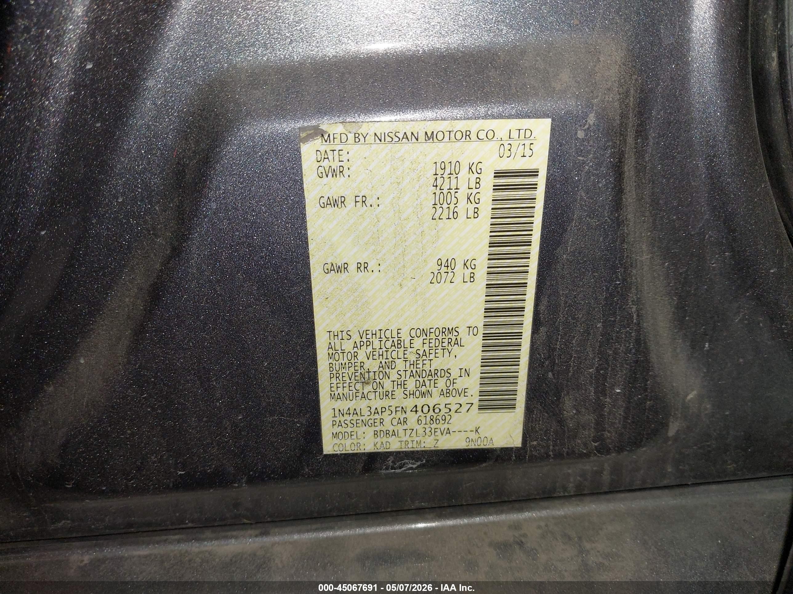 2015 Nissan Altima 2.5 Sl Gray vin: 1N4AL3AP5FN406527