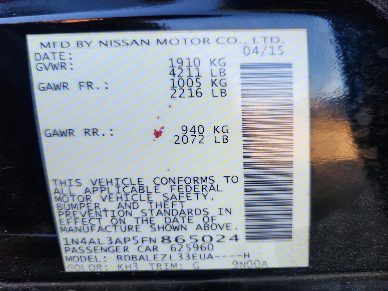 2015 Nissan Altima 2.5 Black vin: 1N4AL3AP5FN865024