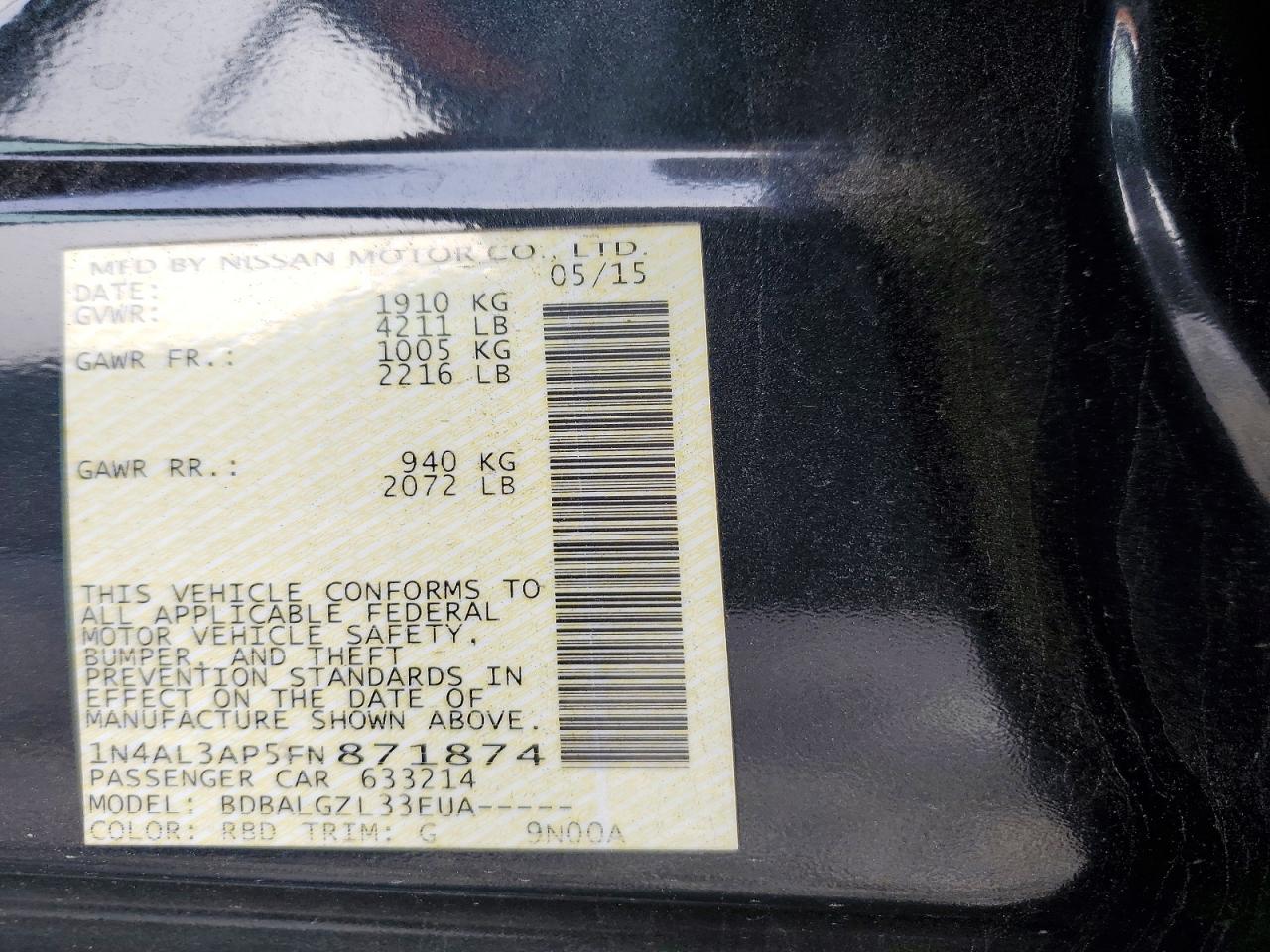 2015 Nissan Altima 2.5 S Charcoal vin: 1N4AL3AP5FN871874