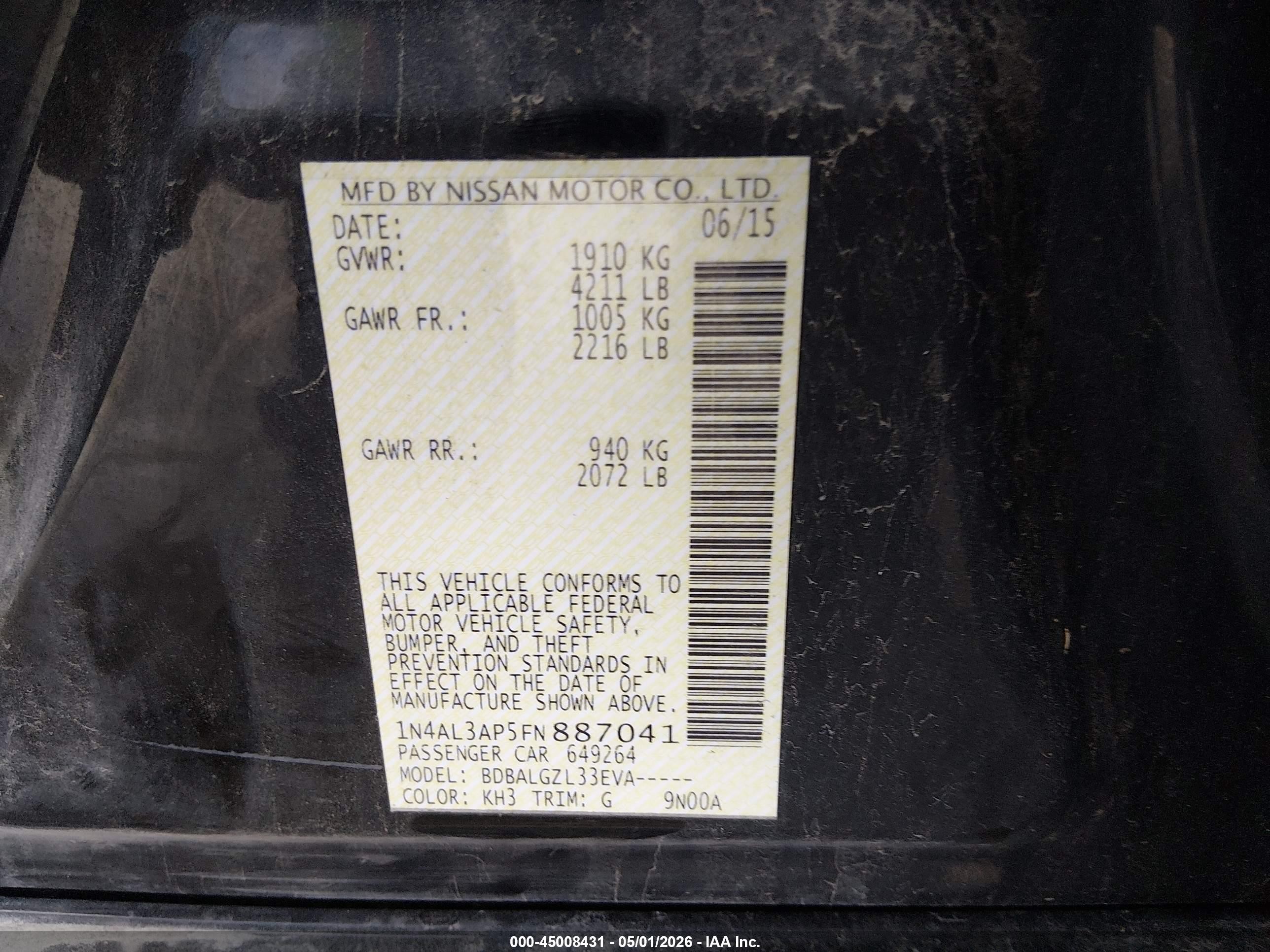2015 Nissan Altima 2.5/2.5 S/2.5 Sl/2.5 Sv Black vin: 1N4AL3AP5FN887041