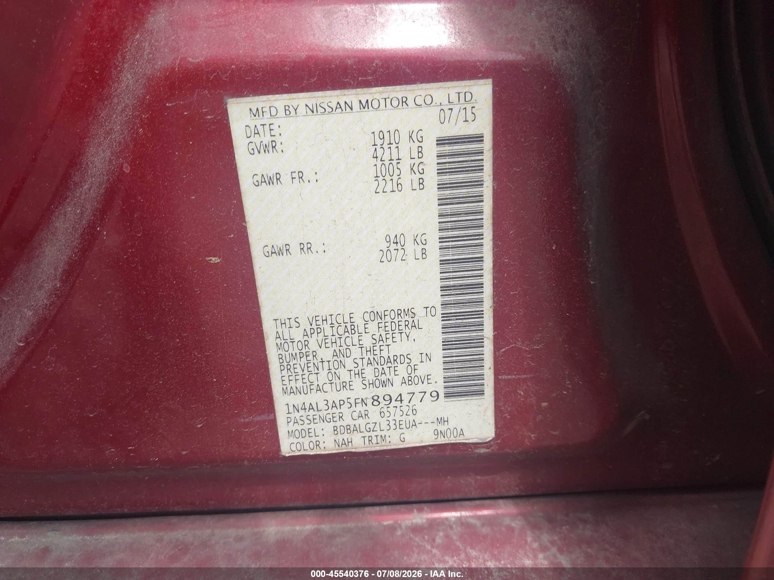 2015 Nissan Altima 2.5 S Red vin: 1N4AL3AP5FN894779