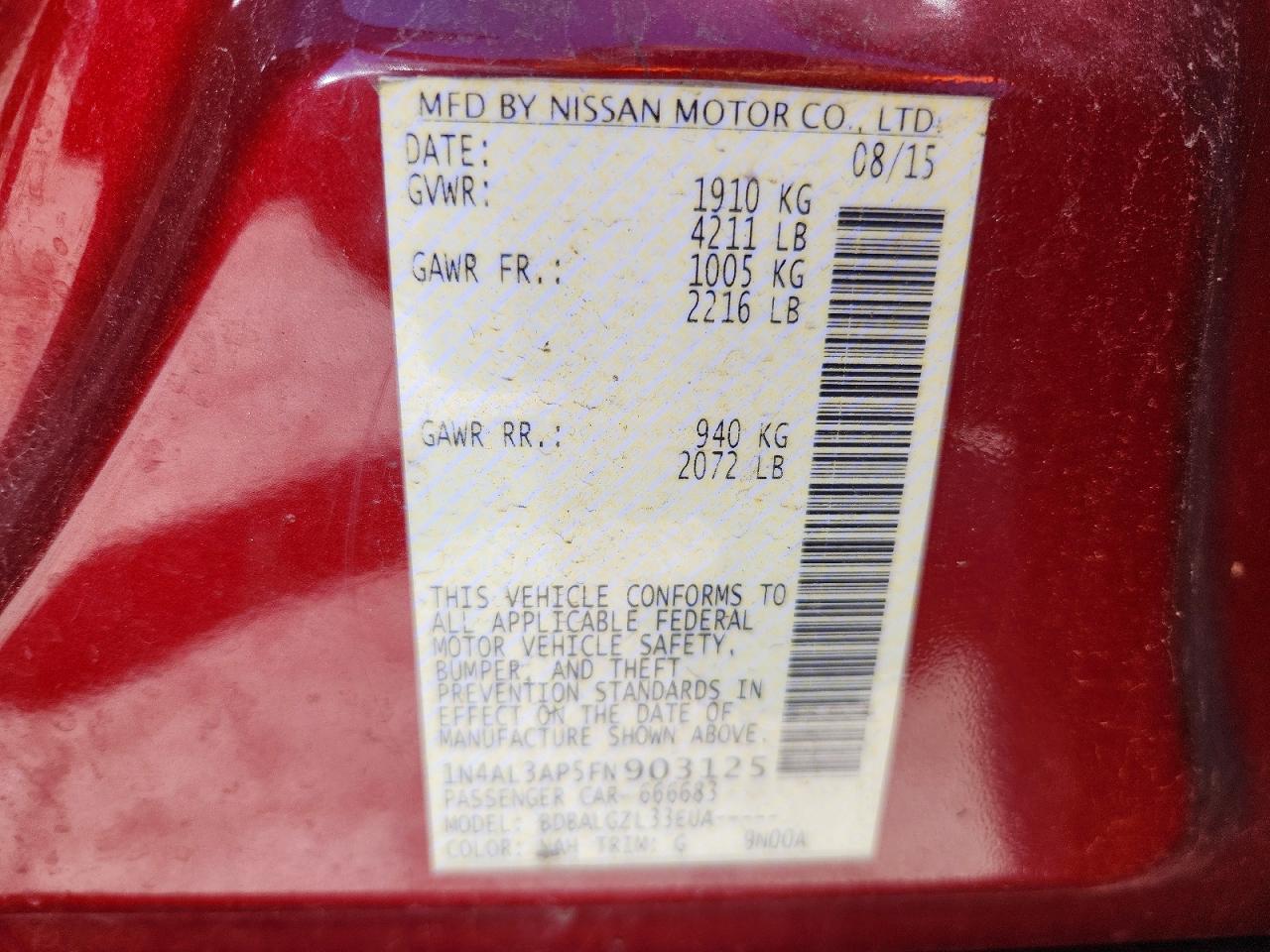 2015 Nissan Altima 2.5 S Red vin: 1N4AL3AP5FN903125