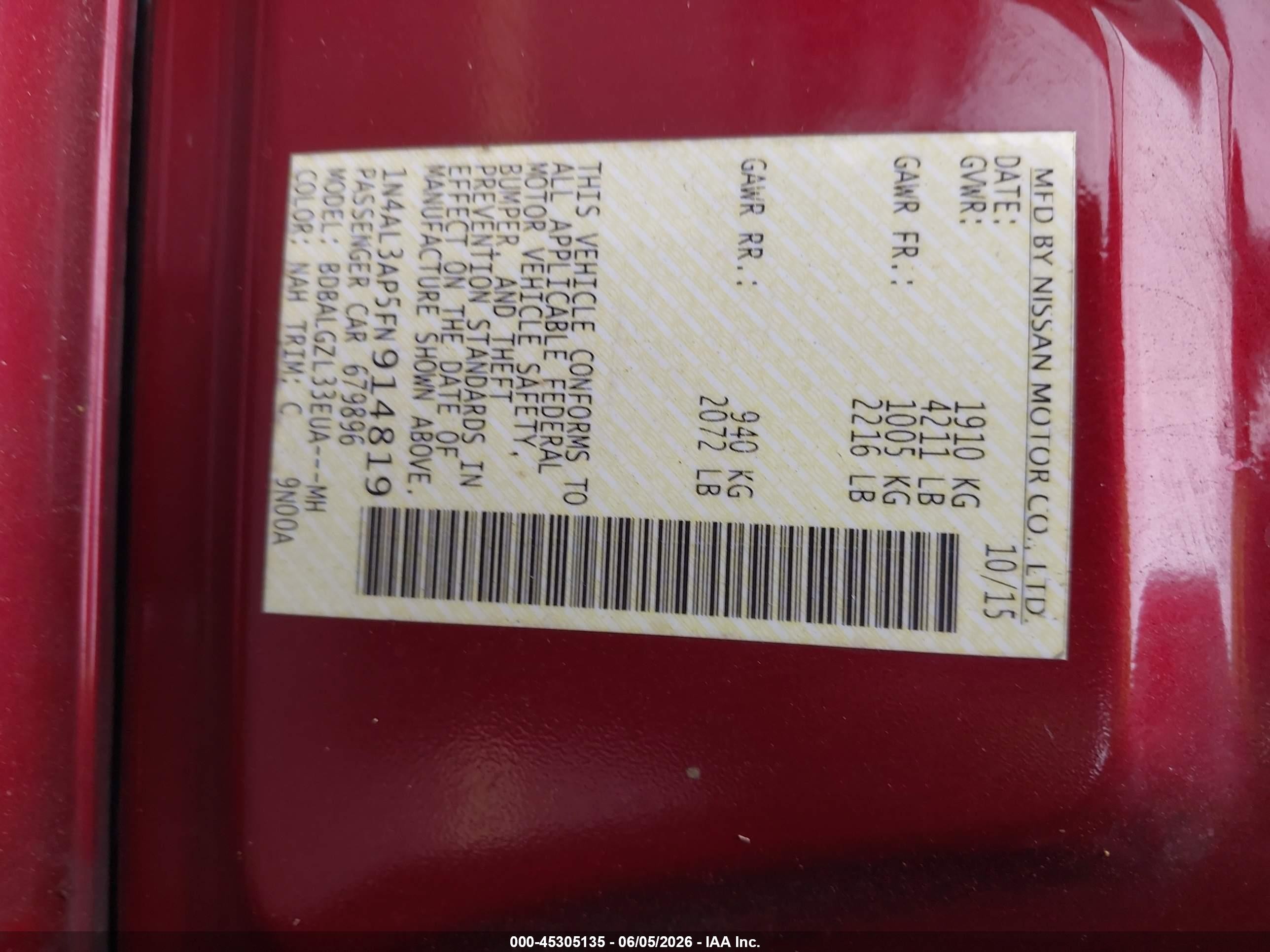 2015 Nissan Altima 2.5 S Red vin: 1N4AL3AP5FN914819